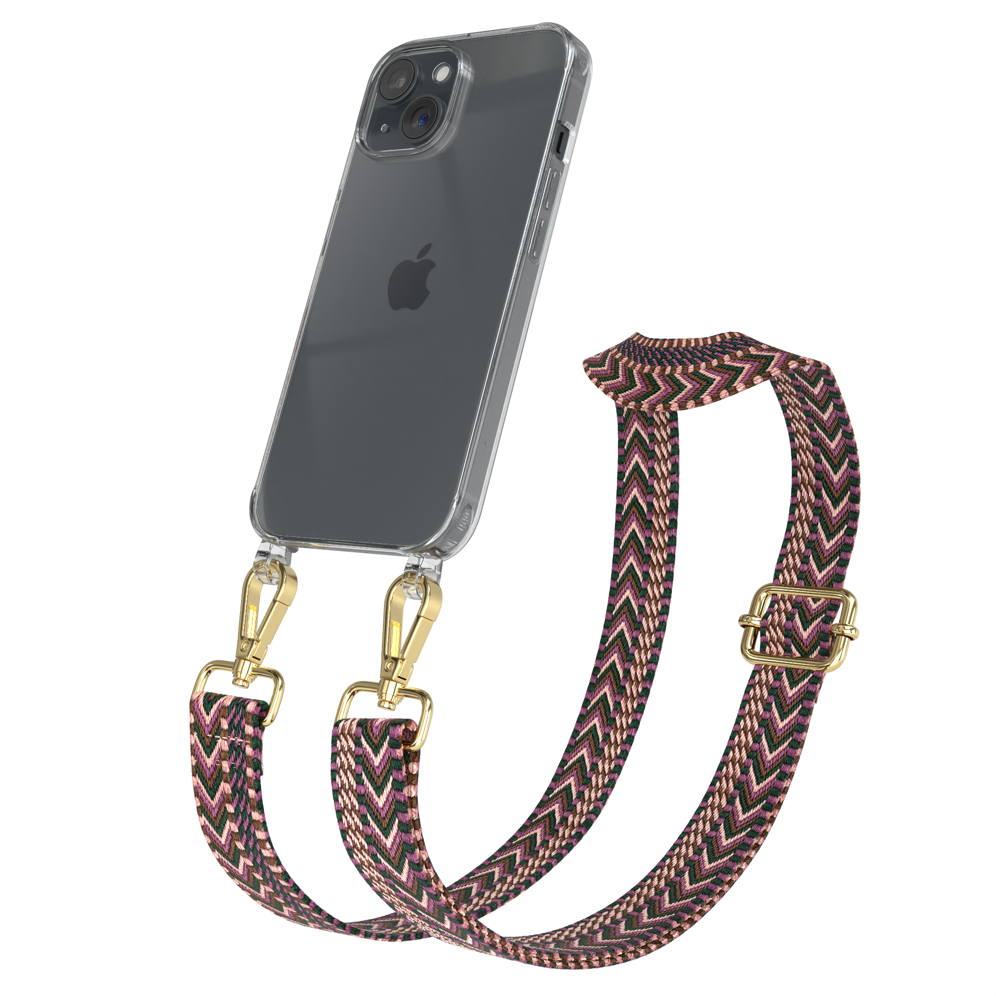 Transparente Handyhülle mit Handy und gemustertem Riemen. Der Riemen ist rosa und grün.