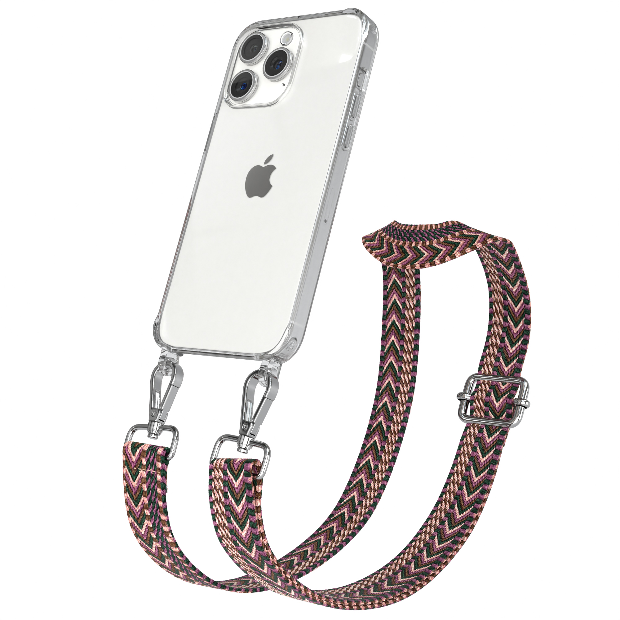 Transparente Handyhülle mit Riemen und ein gemusterter Riemen in Rosa, Grün und Braun.