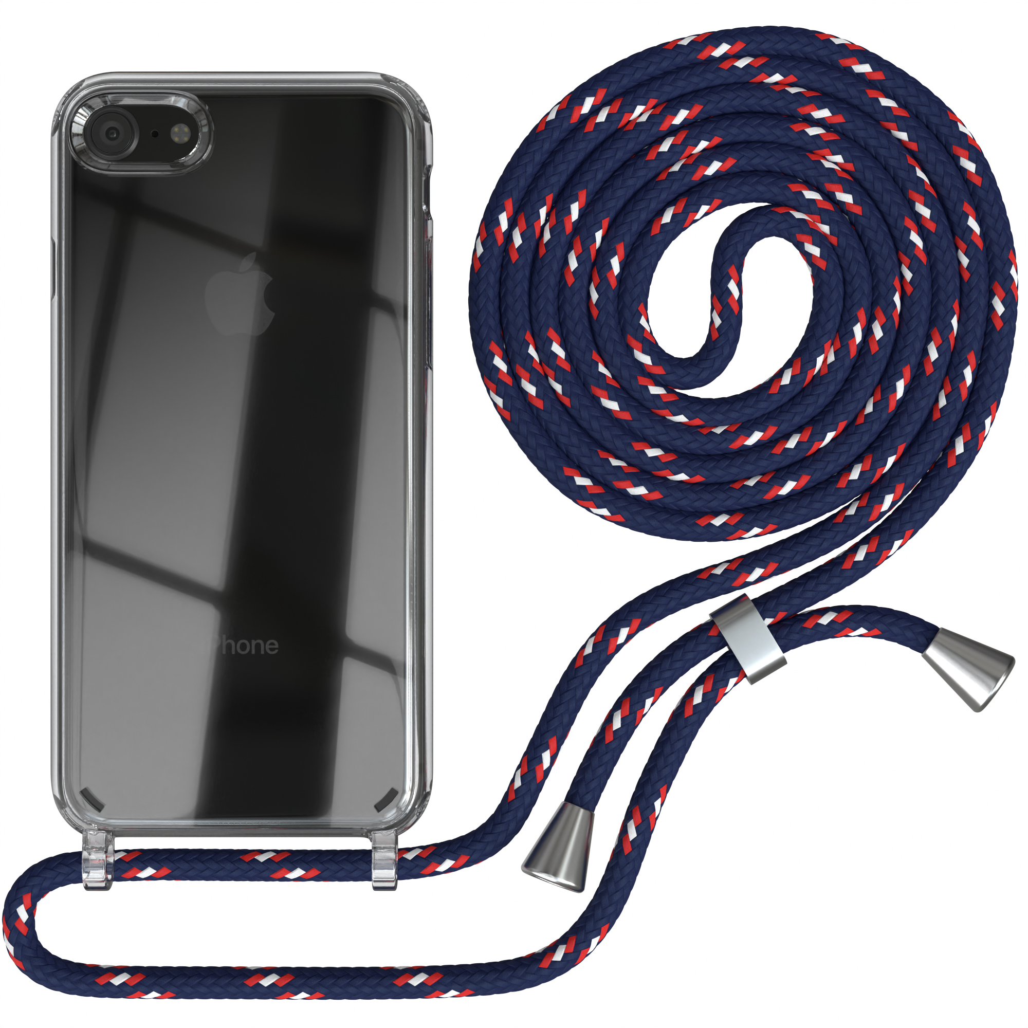 iPhone in klarer Hülle mit marineblauem, rotem und weißem Seil-Lanyard.
