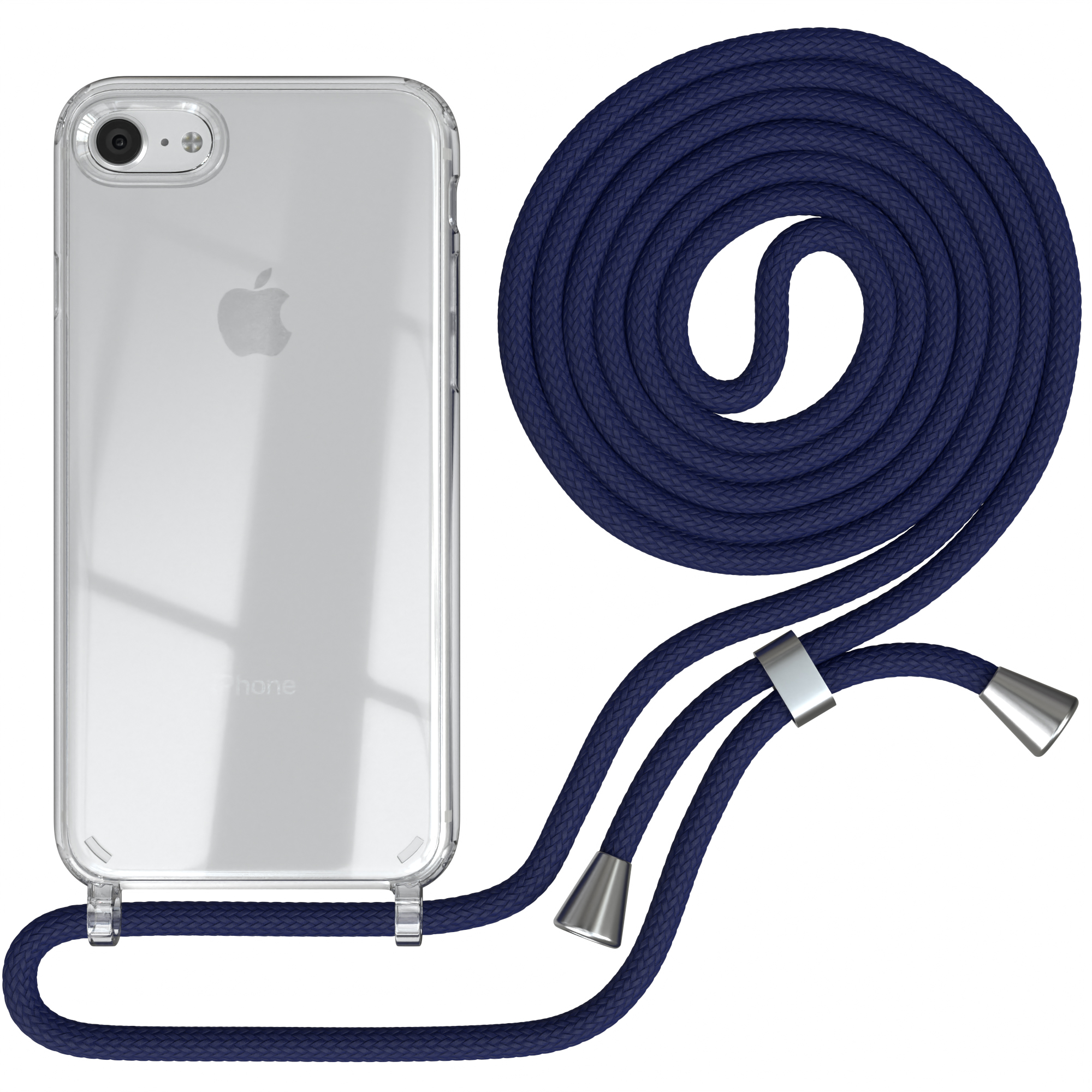 Transparente Handyhülle mit marineblauem Seilriemen, silbernen Beschlägen, Telefon darin.
