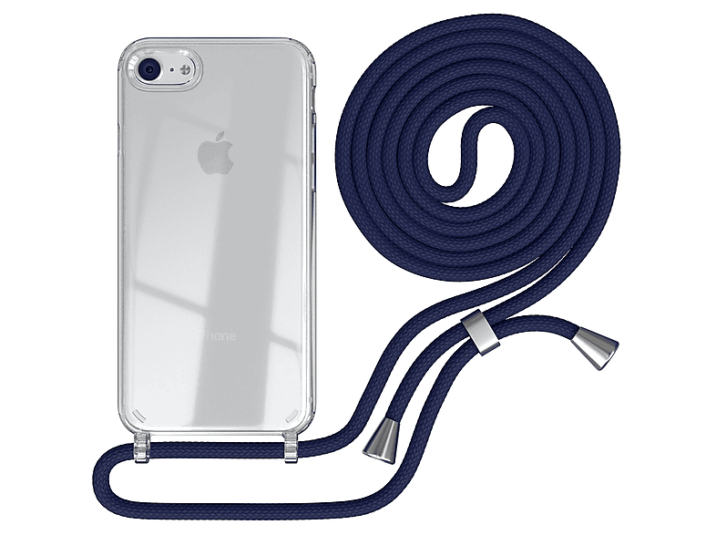 EAZY CASE Clear Cover mit Umhängeband, Umhängetasche, Apple, iPhone SE 2022 / SE 2020, iPhone 7 / 8, Blau / Clips Silber