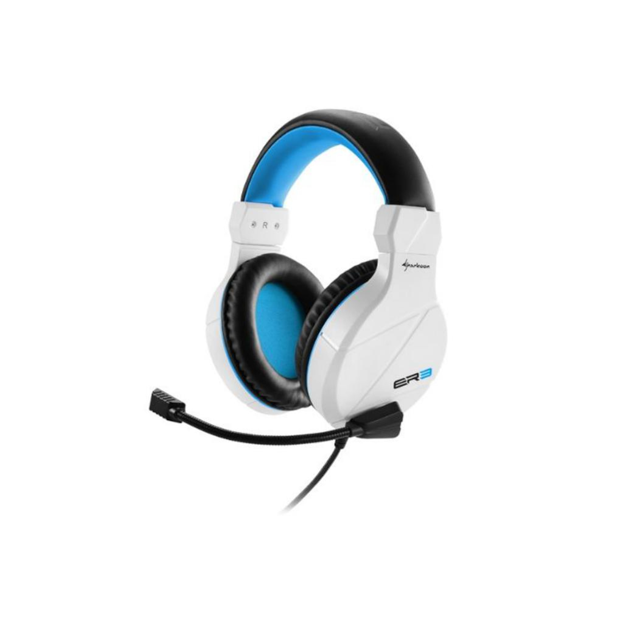 Auriculares gaming blancos y azules con micrófono. Se ve la marca Sharkoon. Aislados sobre fondo blanco.