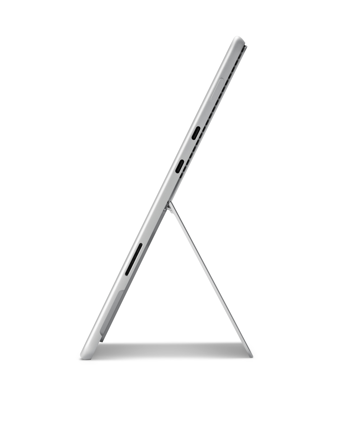 Ein silbernes Tablet mit Ständer, vor weißem Hintergrund.