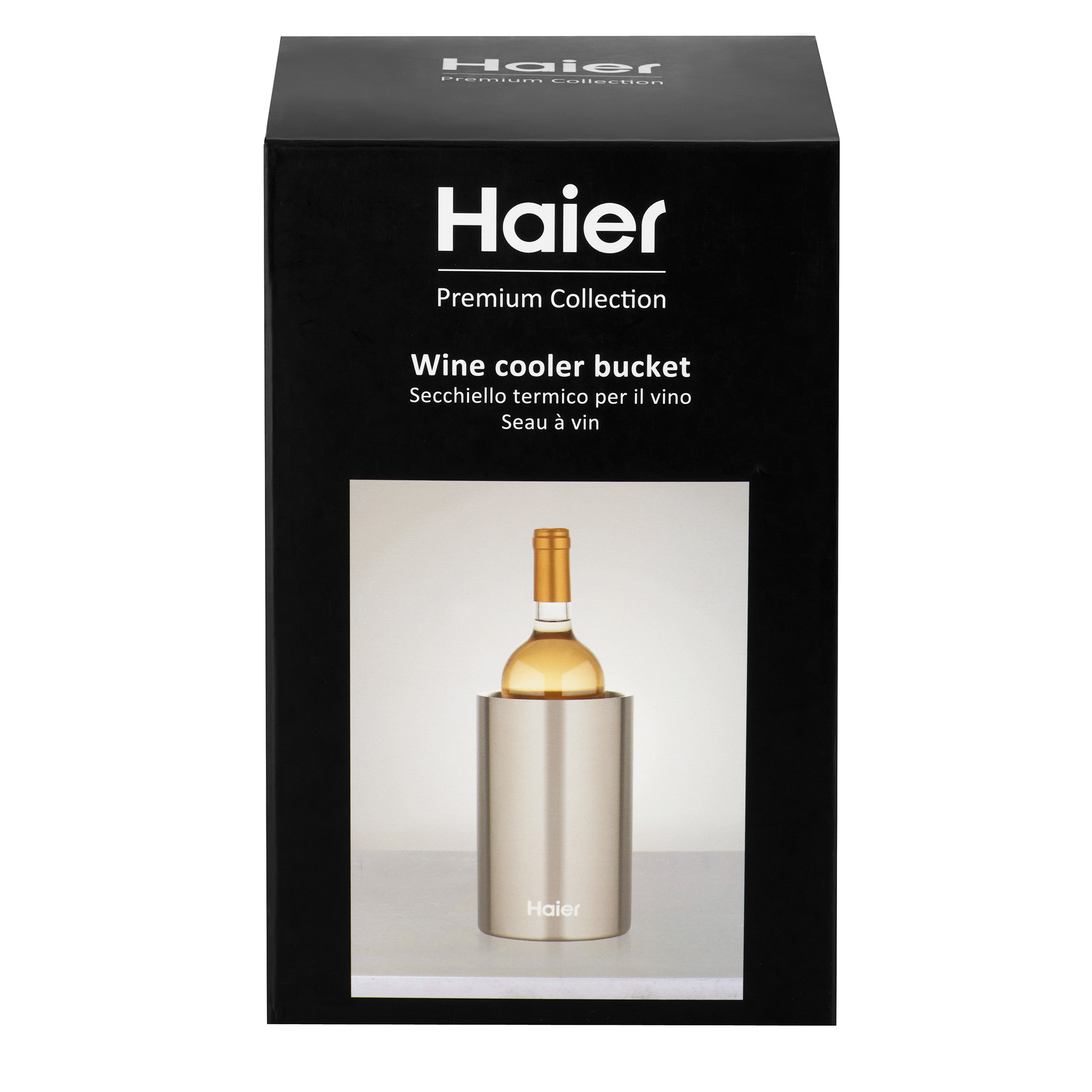 Scatola nera Haier. Contiene un secchiello refrigeratore per vino argentato con una bottiglia.
