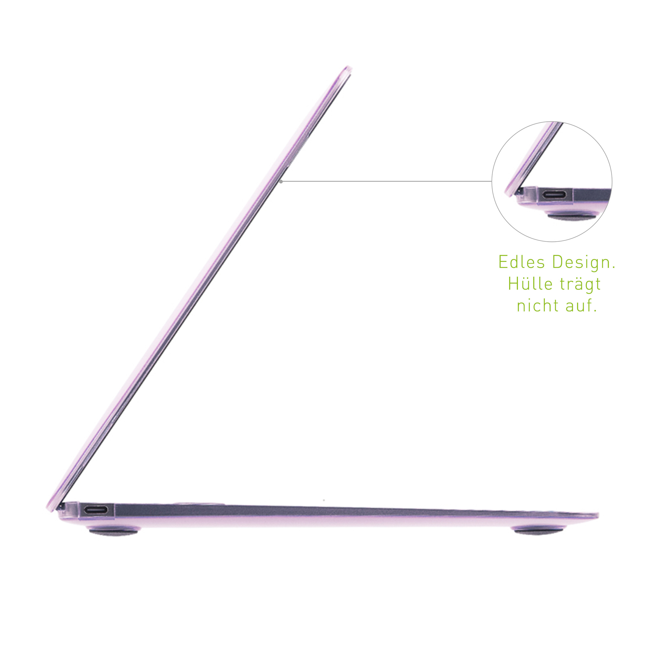 Laptop-Seitenansicht, geöffnet, mit hellviolettem Gehäuse. Nahaufnahme zeigt Anschlüsse und schlankes Design.