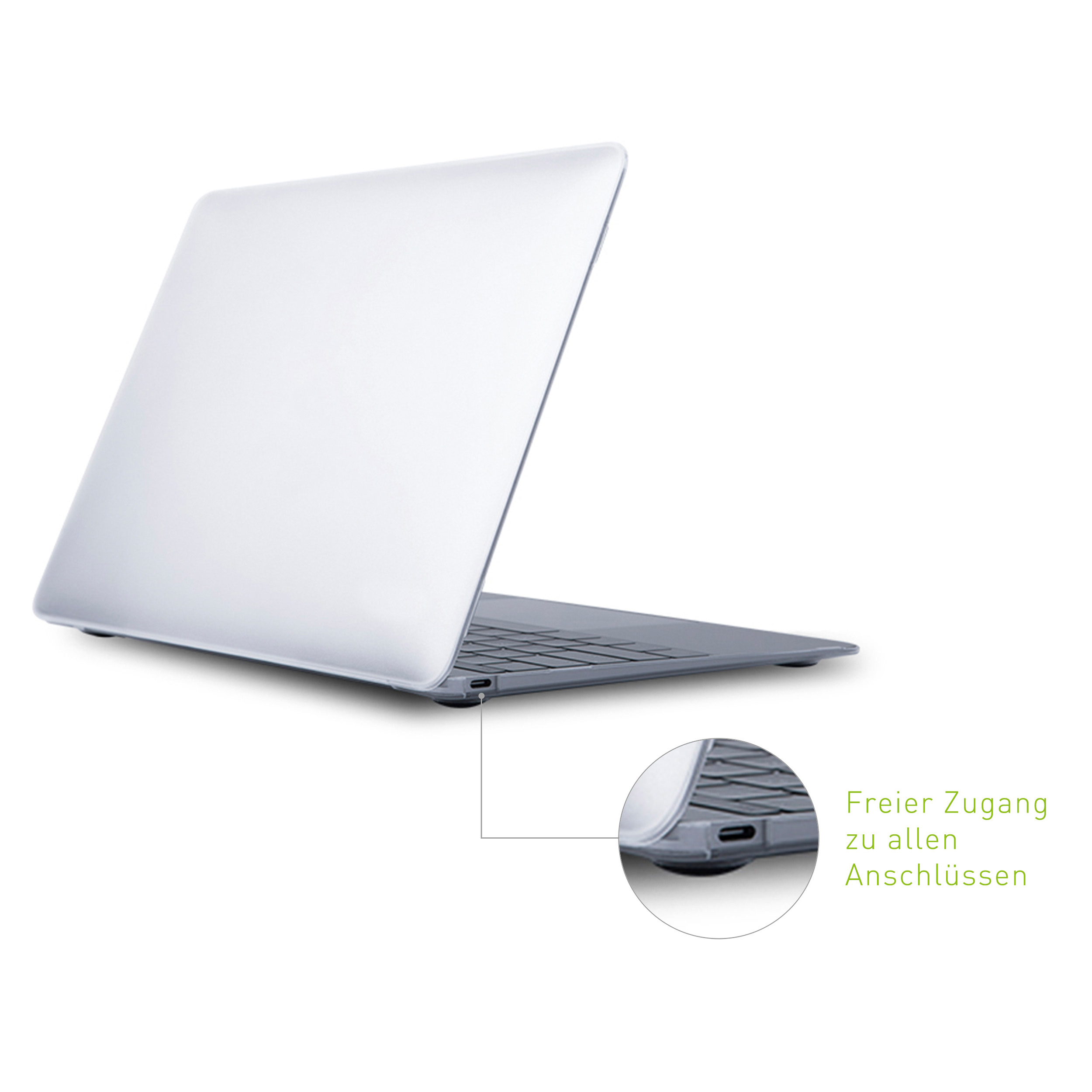 Ein silberner Laptop mit grauer Tastatur. Eine Einlage zeigt die Anschlüsse an der Seite.