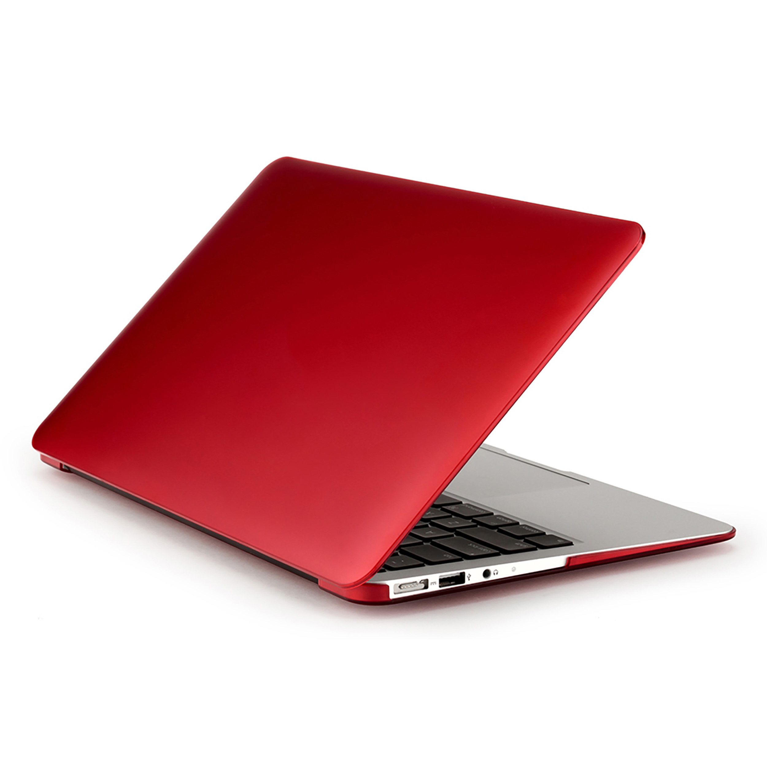 Roter Laptop-Computer auf weißem Hintergrund. Der Bildschirm ist geschlossen.