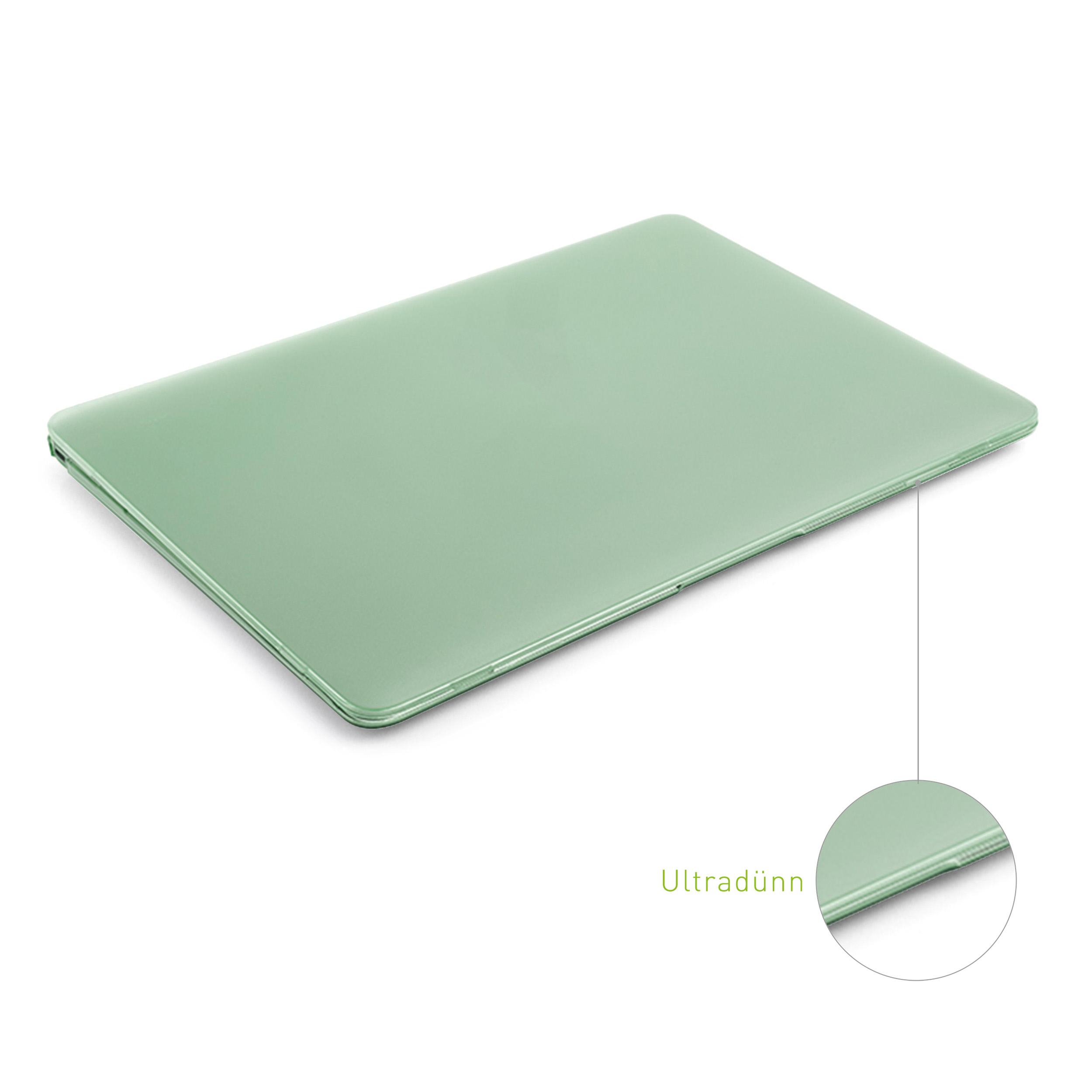 Grüne Laptop-Hülle auf weißem Hintergrund. Nahaufnahme zeigt den Rand mit einem dünnen, schlanken Design.