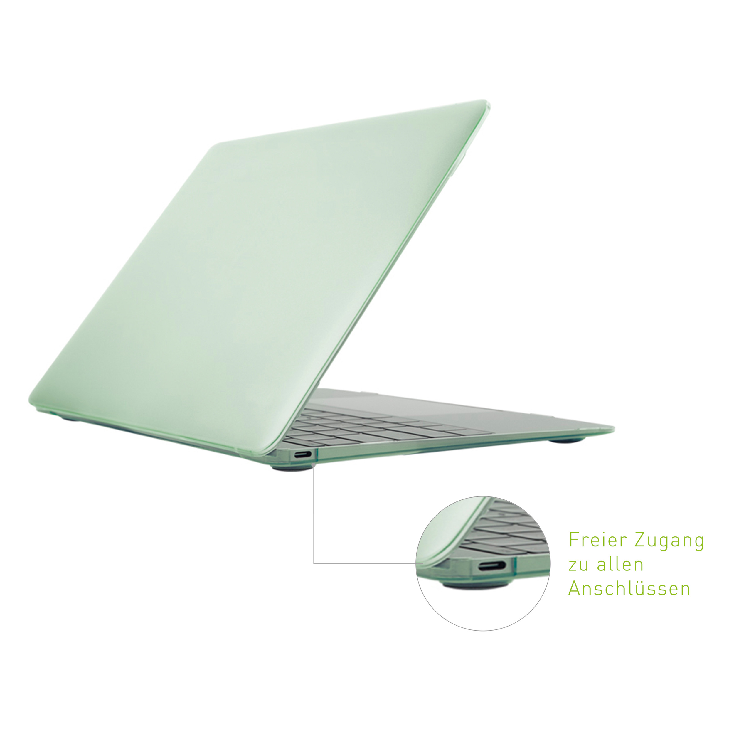 Hellgrüner Laptop, geöffnet, zeigt die Seite mit den Anschlüssen, mit deutschem Text.