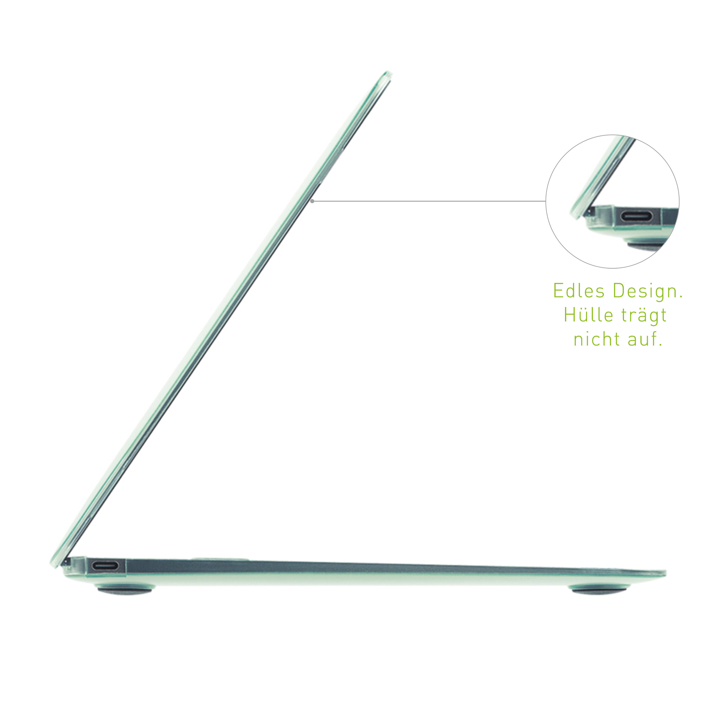 Seitenansicht eines Laptops in einer grünen Hülle mit Nahaufnahme eines Anschlusses. Text lautet: 'Edles Design'.