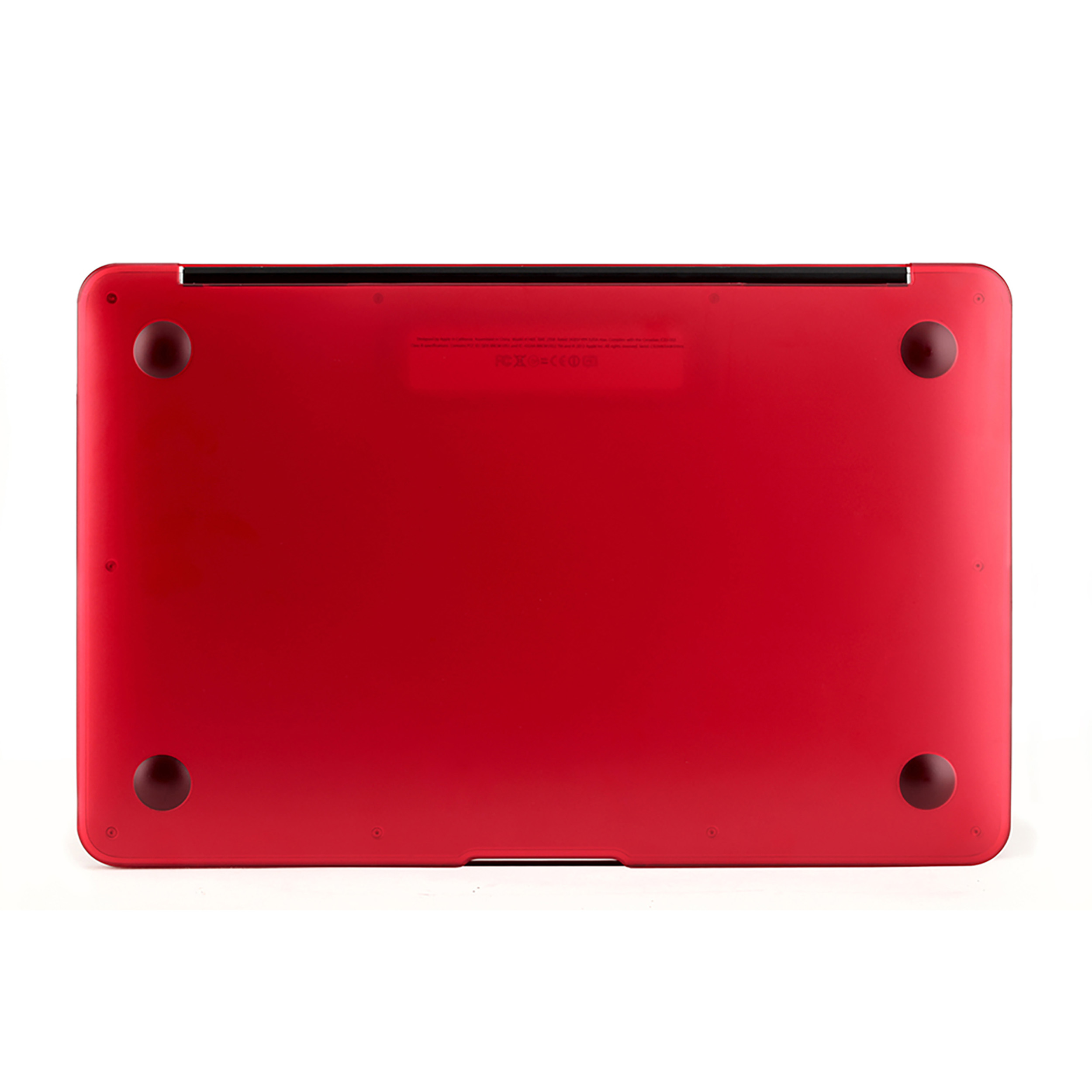 Roter Laptop-Boden mit vier schwarzen Gummifüßen. Unteransicht.