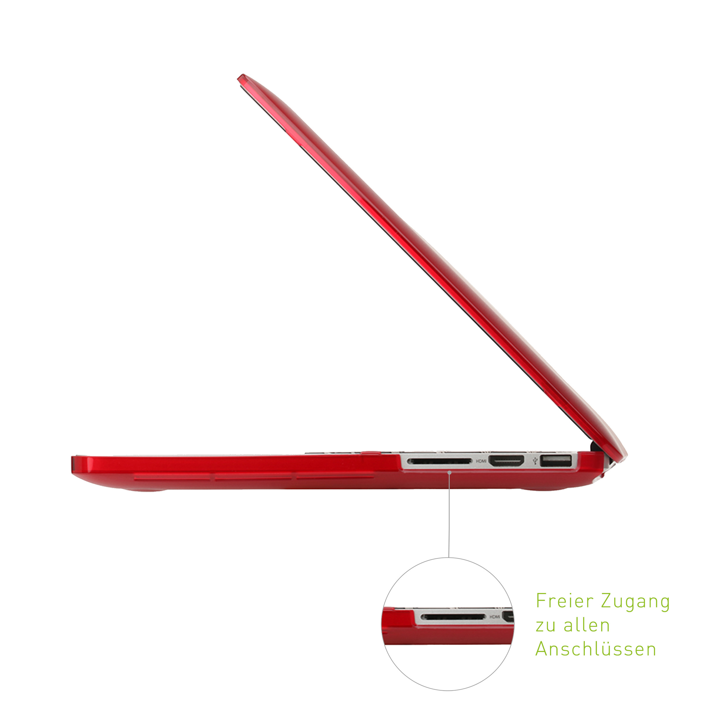 Ein roter Laptop mit geöffnetem Bildschirm, der die Seite mit hervorgehobenen Anschlüssen zeigt.