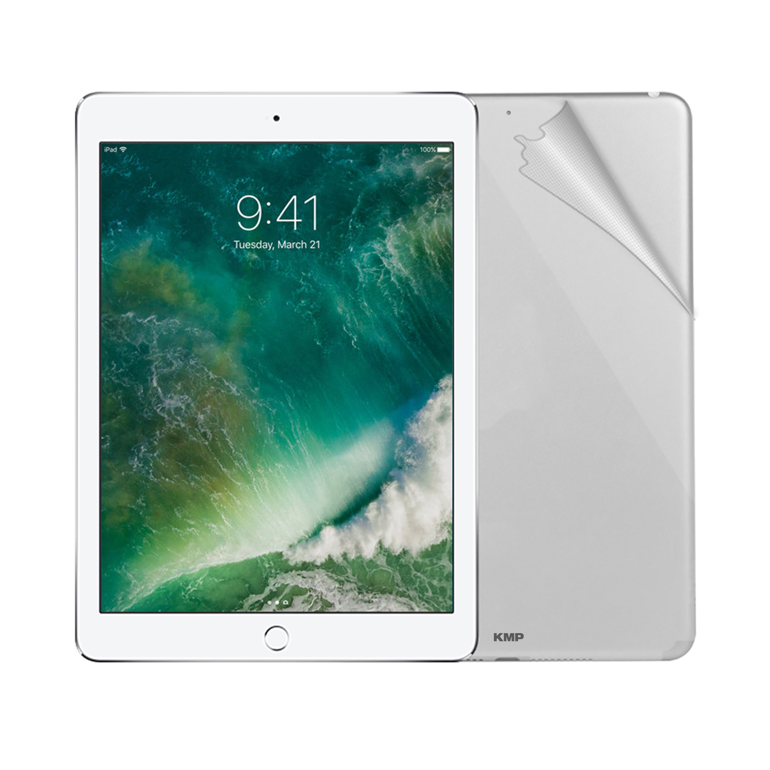 Weißes iPad mit Displayschutz, zeigt Bildschirm und Rückseite mit Abziehfolie.
