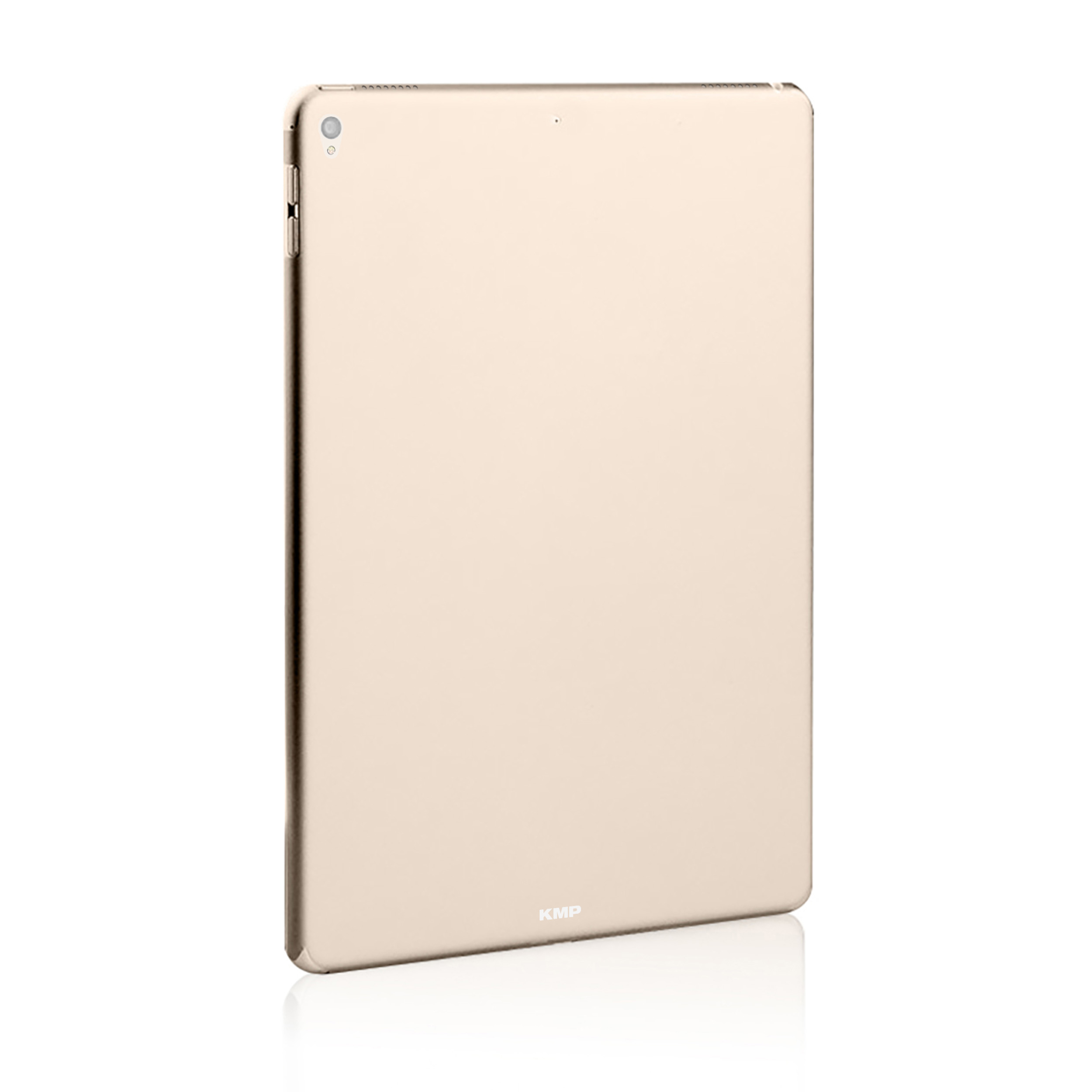 Goldenes Tablet auf weißem Hintergrund, mit Kamera und Knopf an der Seite.
