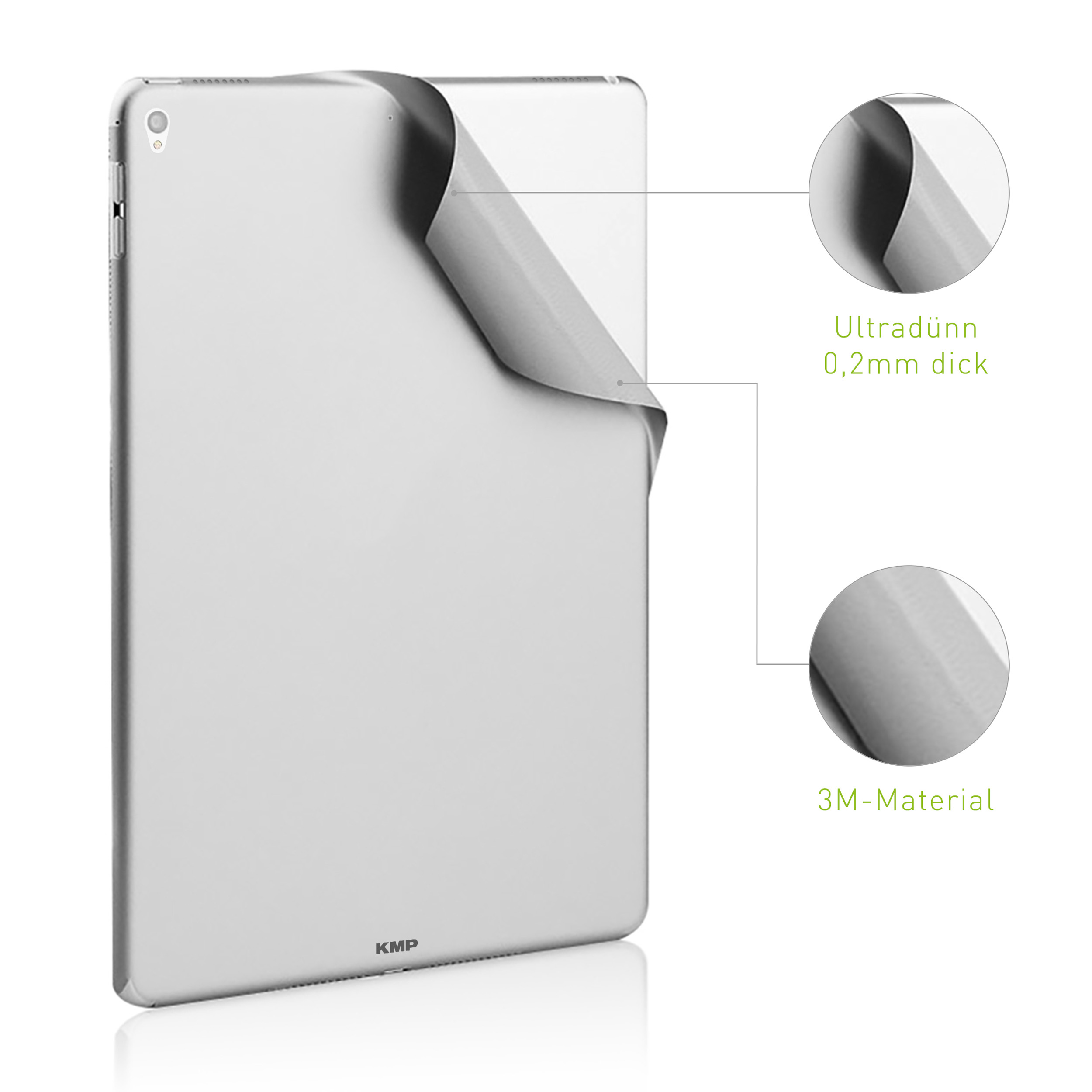 Silbernes Tablet mit abgezogener Ecke, die eine dünne, silberne Schicht zeigt.