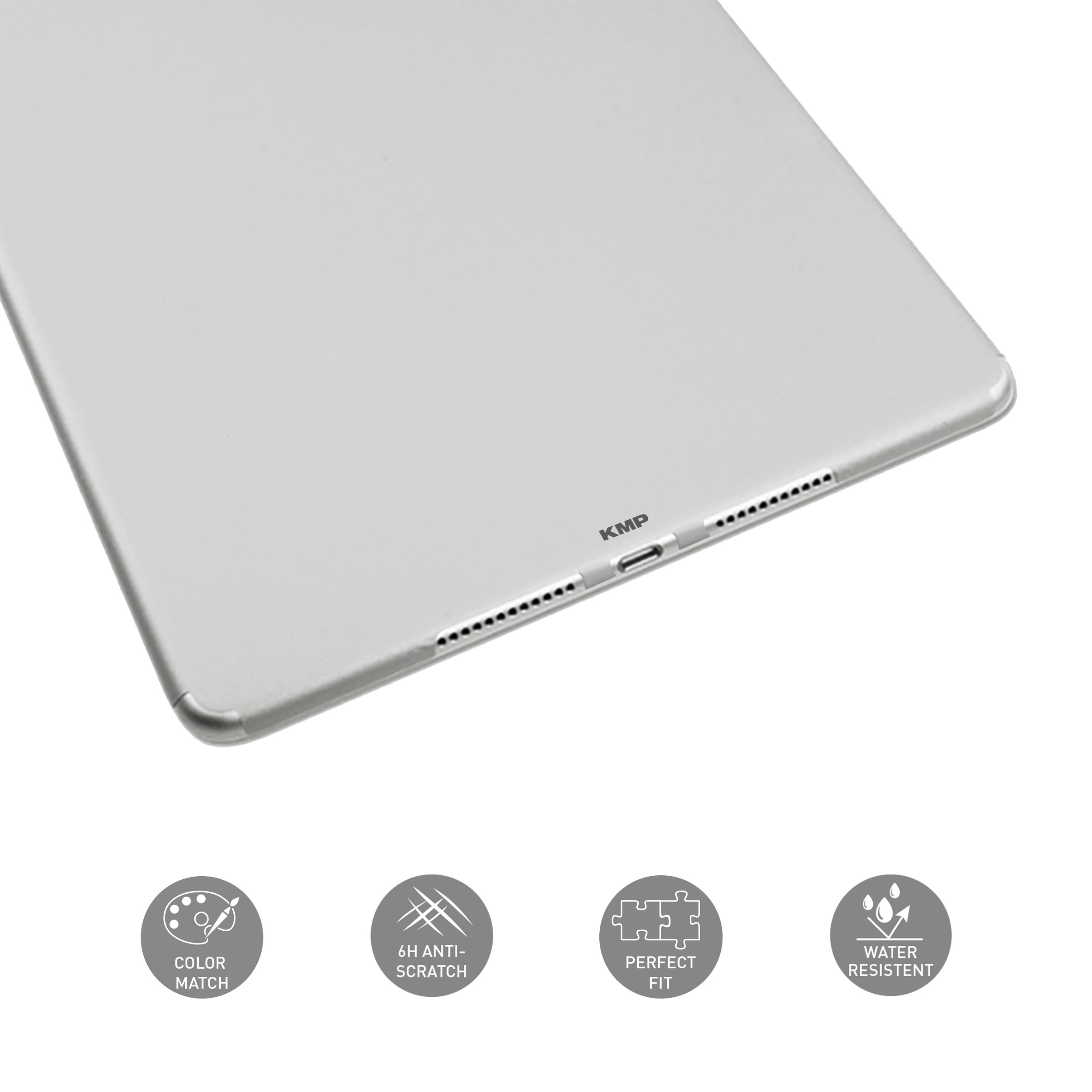 Ein silbernes Tablet mit Symbolen für Farbabgleich, Kratzschutz, perfekte Passform und Wasserbeständigkeit.