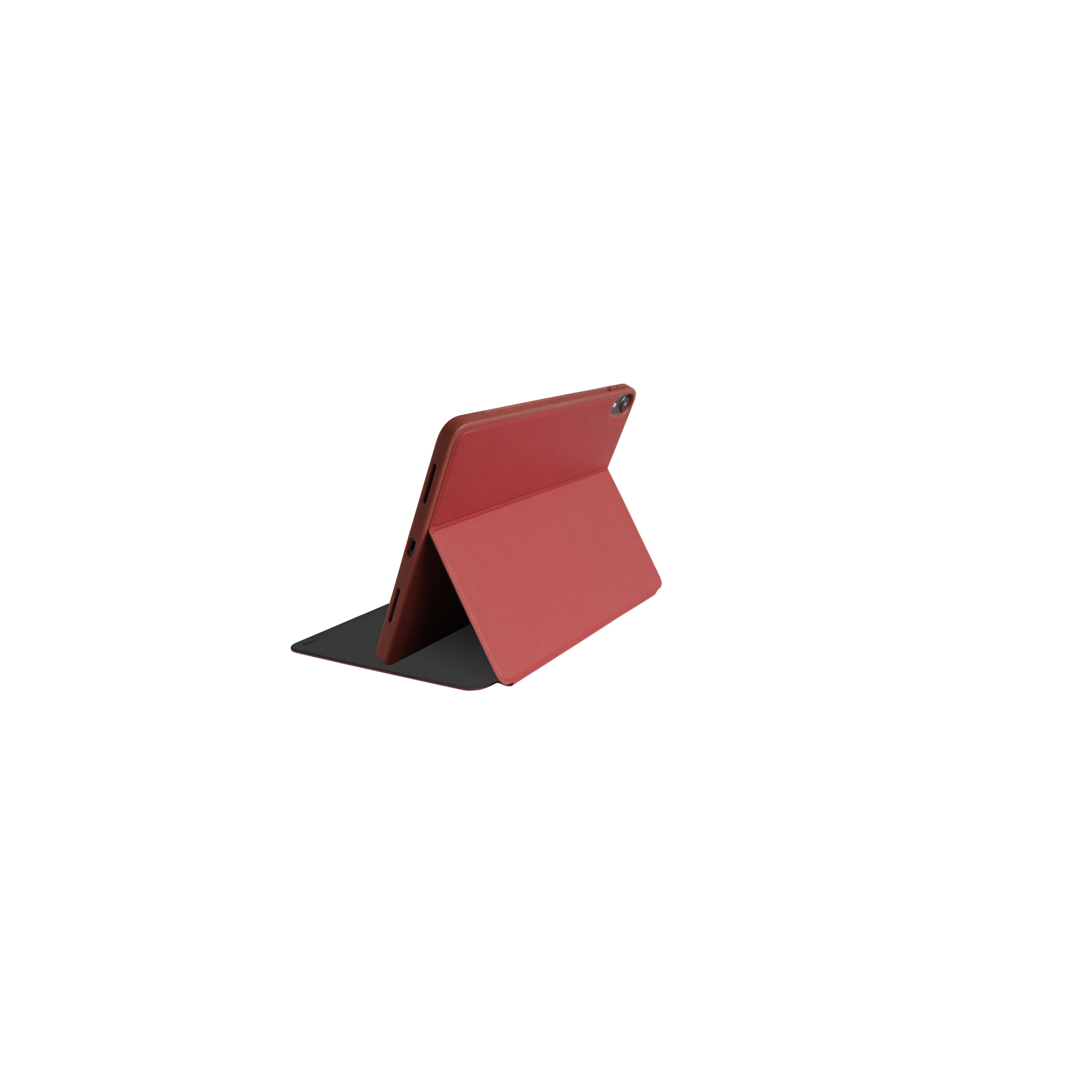 Rote Tablet-Hülle, geöffnet, auf weißem Hintergrund.