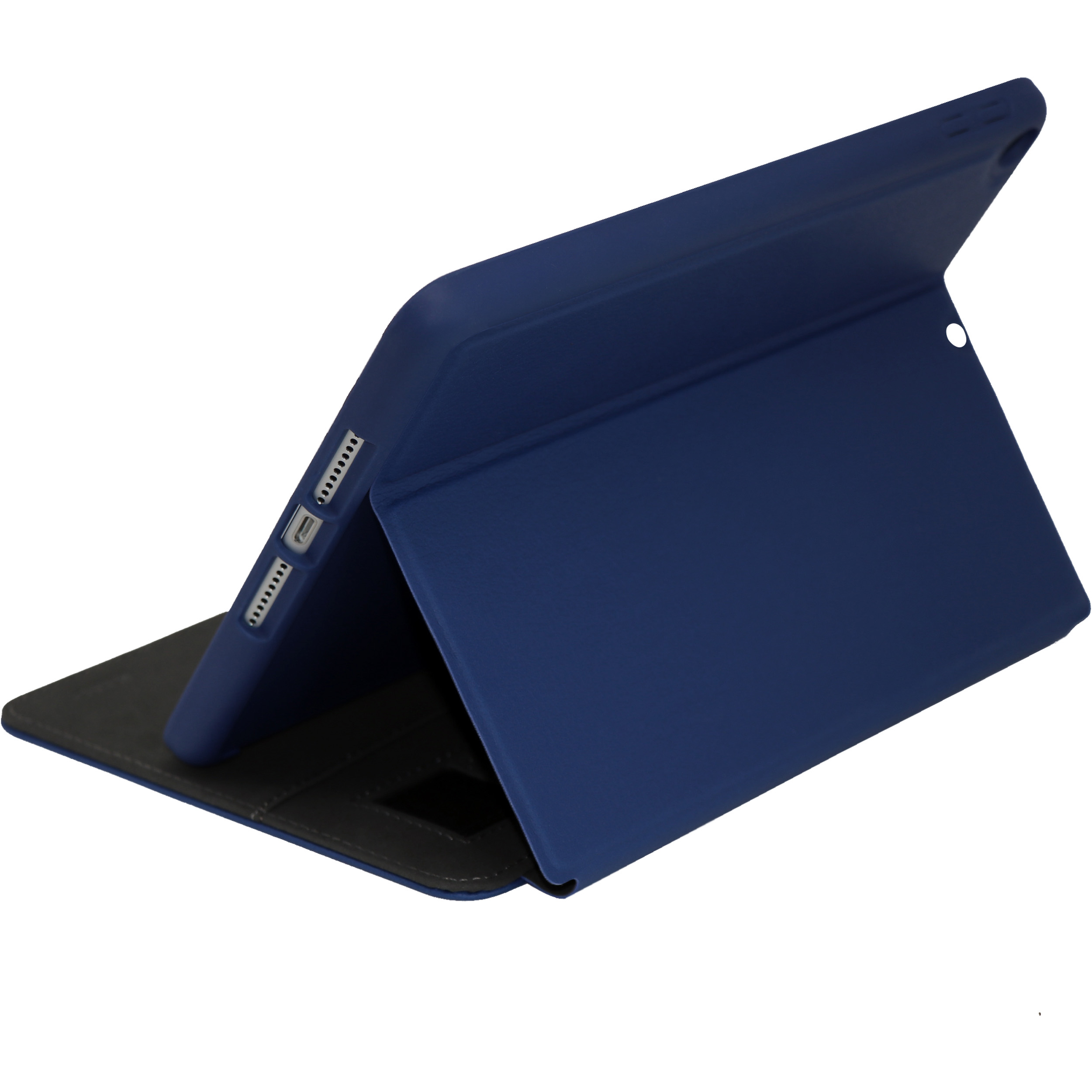 Blaue Tablet-Hülle mit geöffnetem Cover, zeigt Tablet.