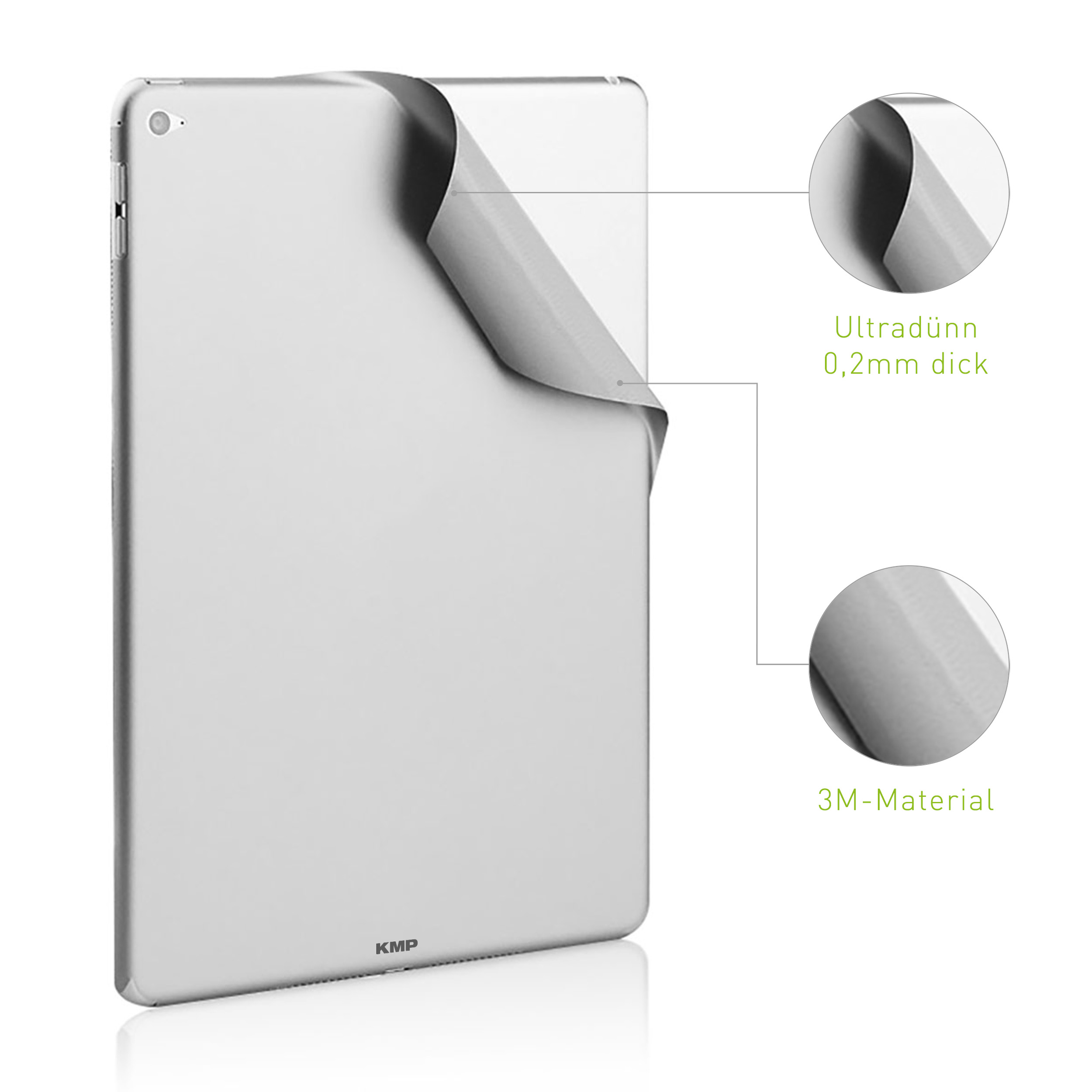 Silbernes iPad, von dem eine Schutzschicht abgezogen wird, und zwei Kreise zeigen Details.