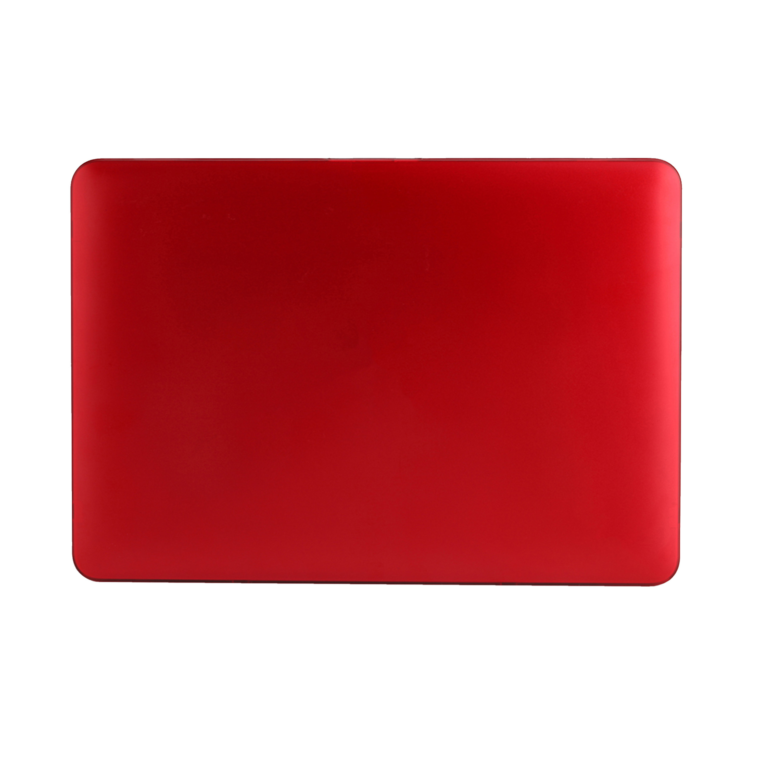 Roter Laptop von oben, auf weißem Hintergrund.