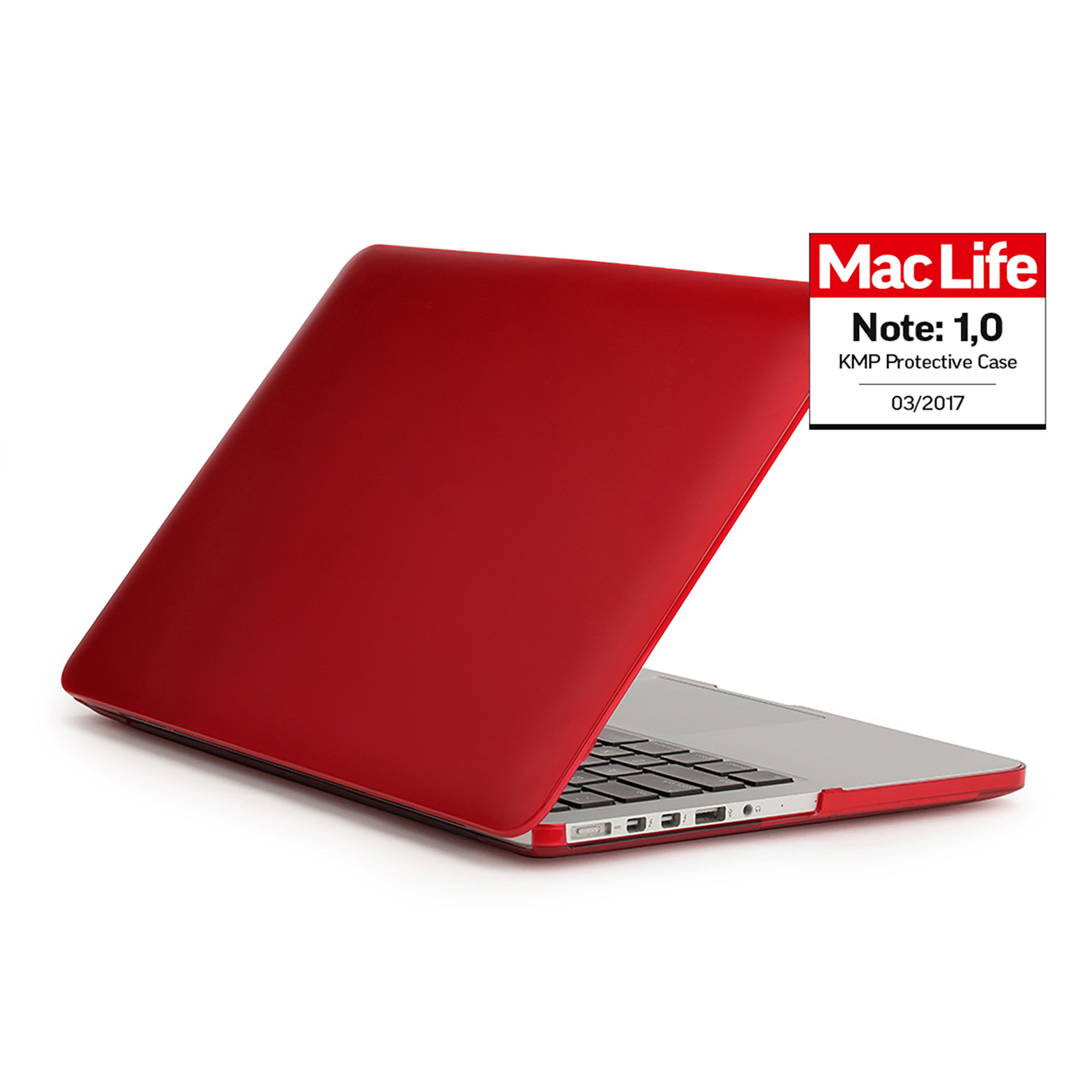 Rote Laptop-Hülle mit weißem Hintergrund, mit einem Etikett, das besagt, dass die Hülle KMP-Schutz ist.