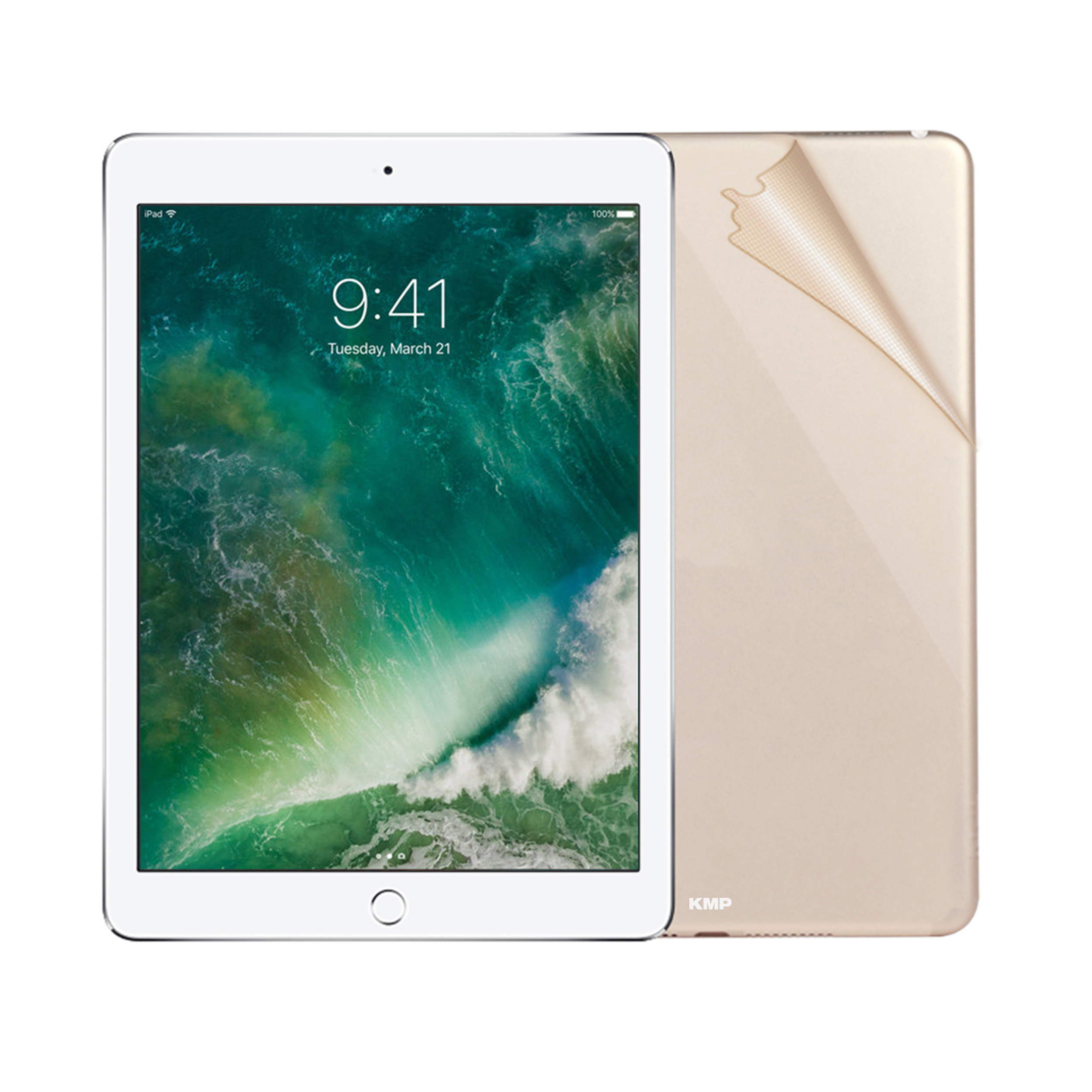 Weißes iPad mit Bildschirmschutz, der sich von der goldenen Rückseite ablöst.
