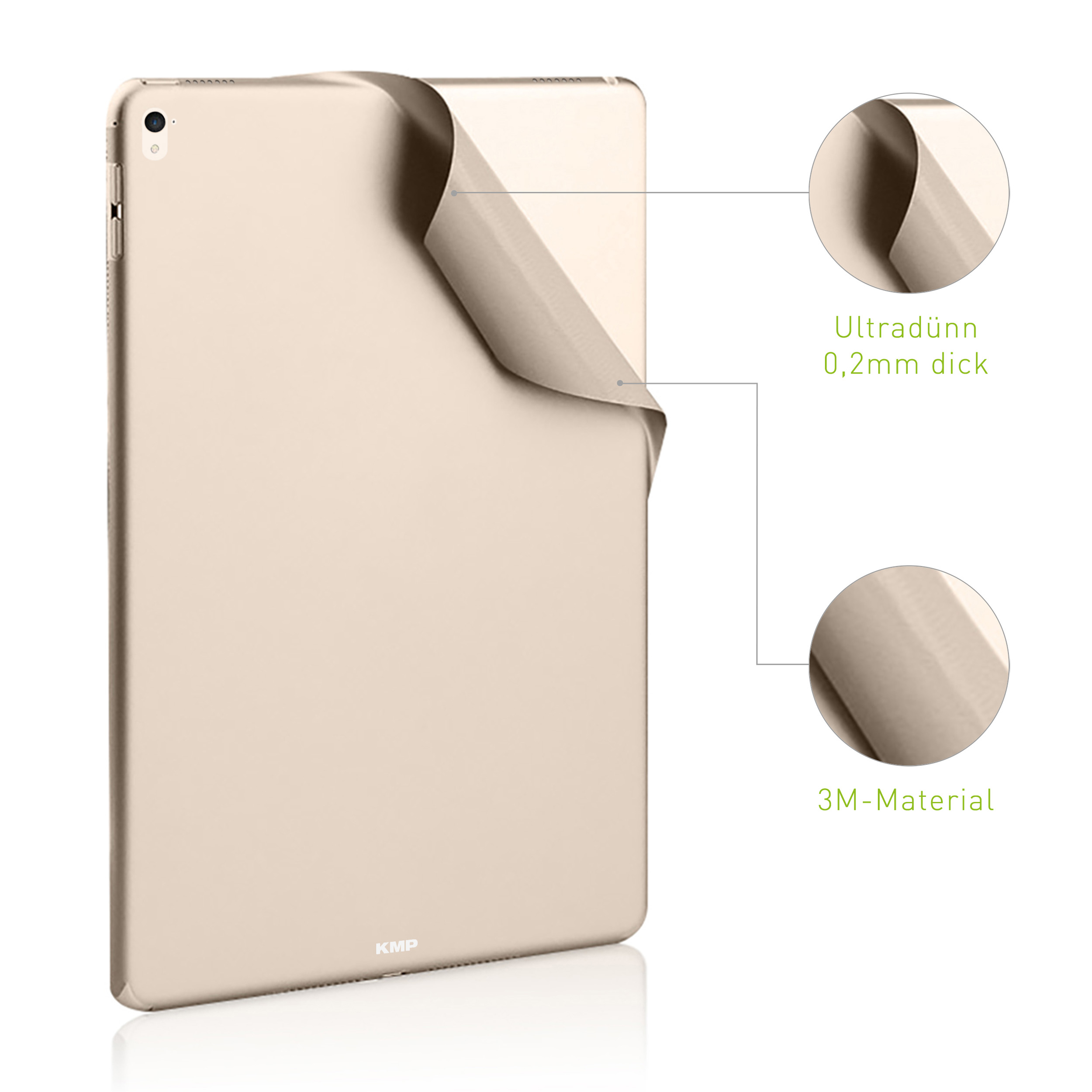 Ein goldenes Tablet, bei dem ein Aufkleber abgezogen wird. Notizen sind über das Material geschrieben.