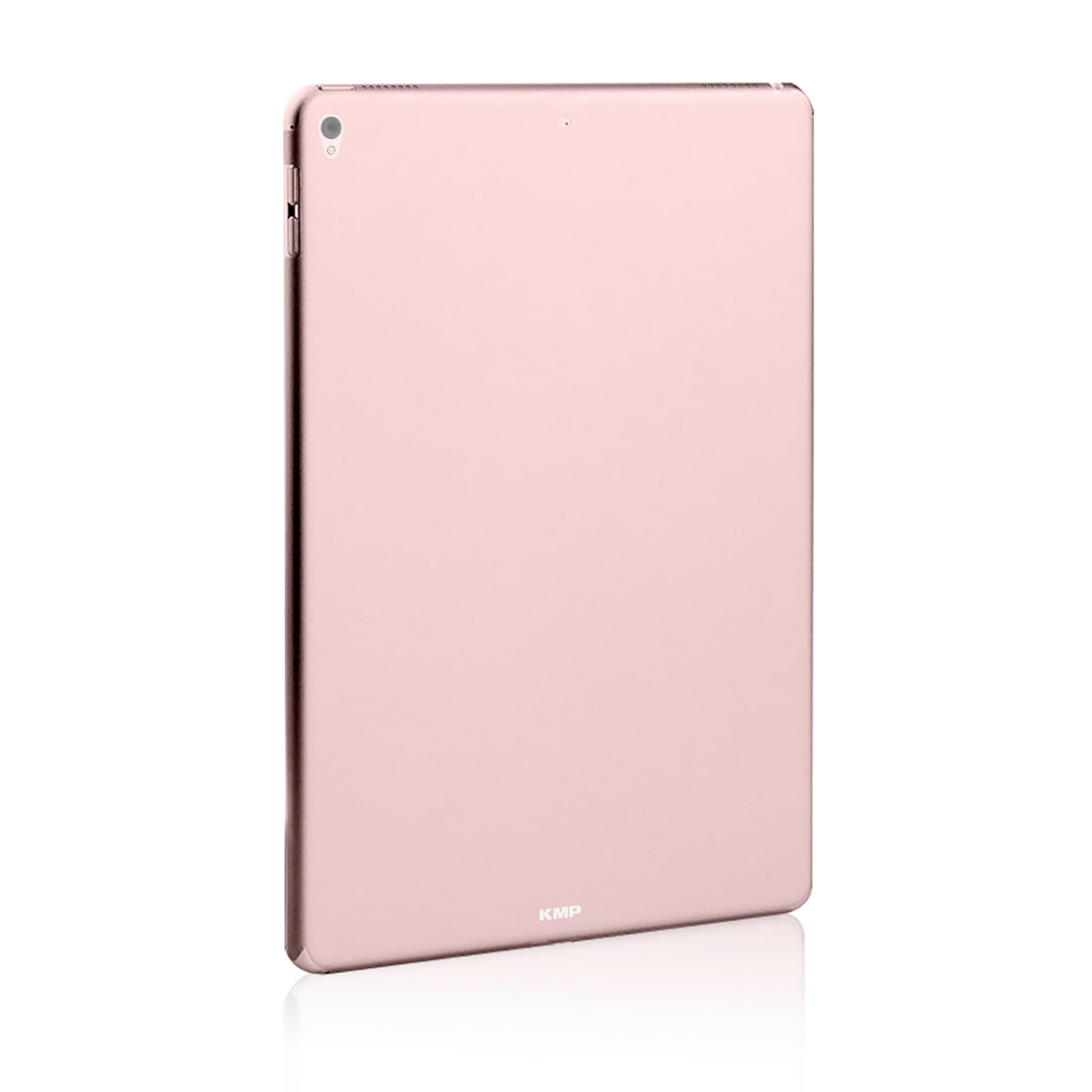 Ein roségoldenes Tablet wird schräg von hinten gezeigt und spiegelt sich auf weißer Oberfläche.