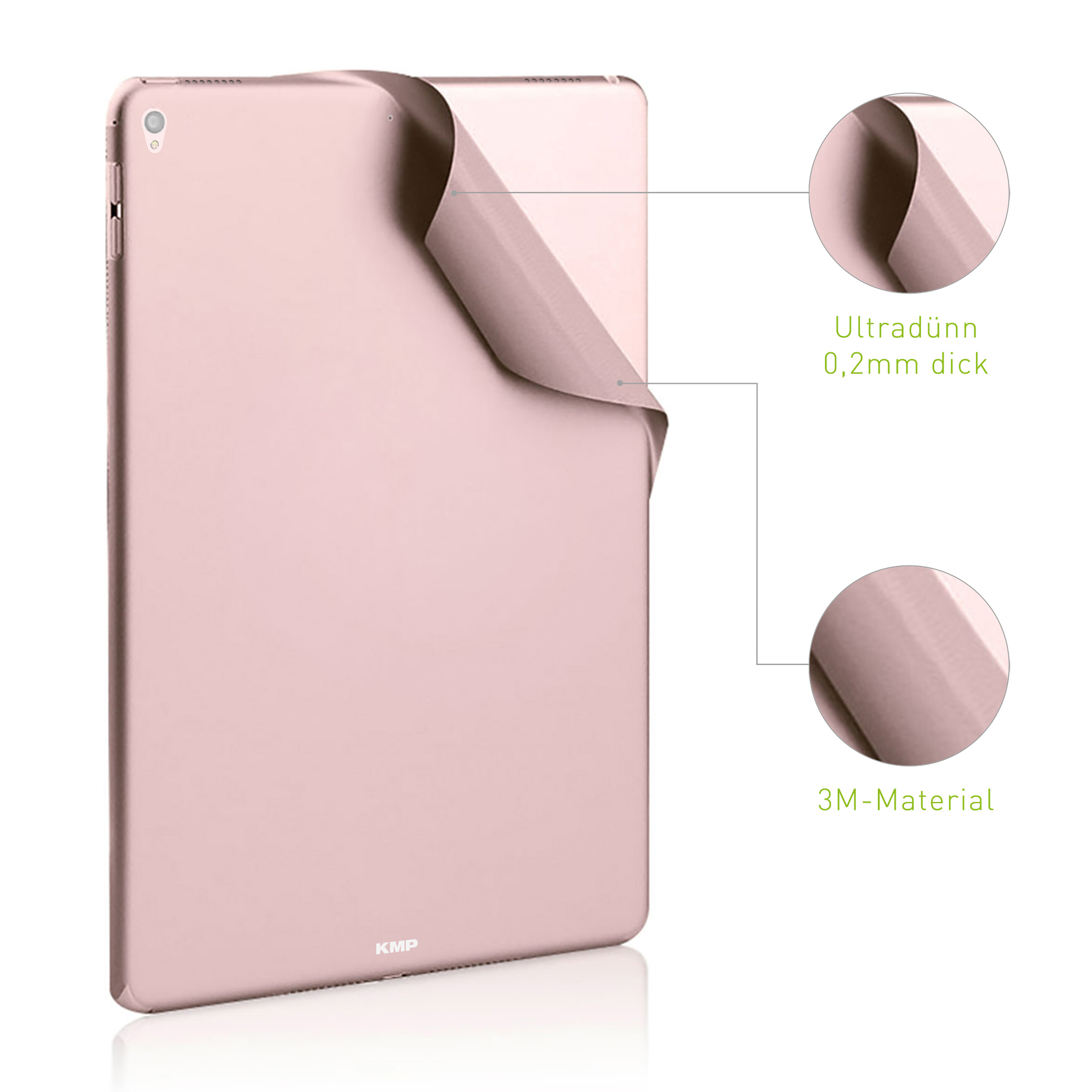 Tablet-Hülle mit pinkem Cover. Anmerkungen zeigen ultradünn und 3M-Material.