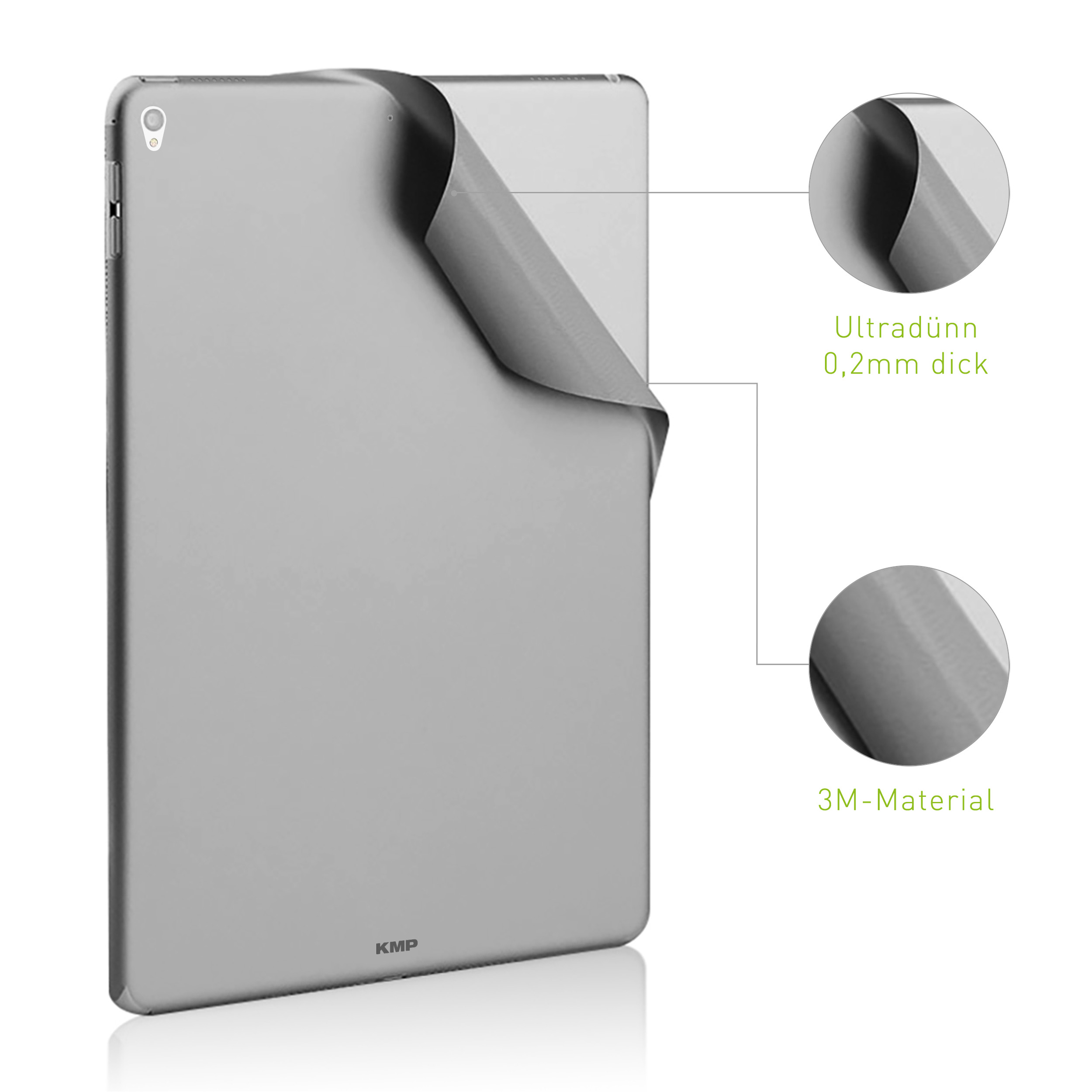 Silbernes Tablet mit teilweise abgezogener Folie. Details: 0,2mm, 3M-Material.