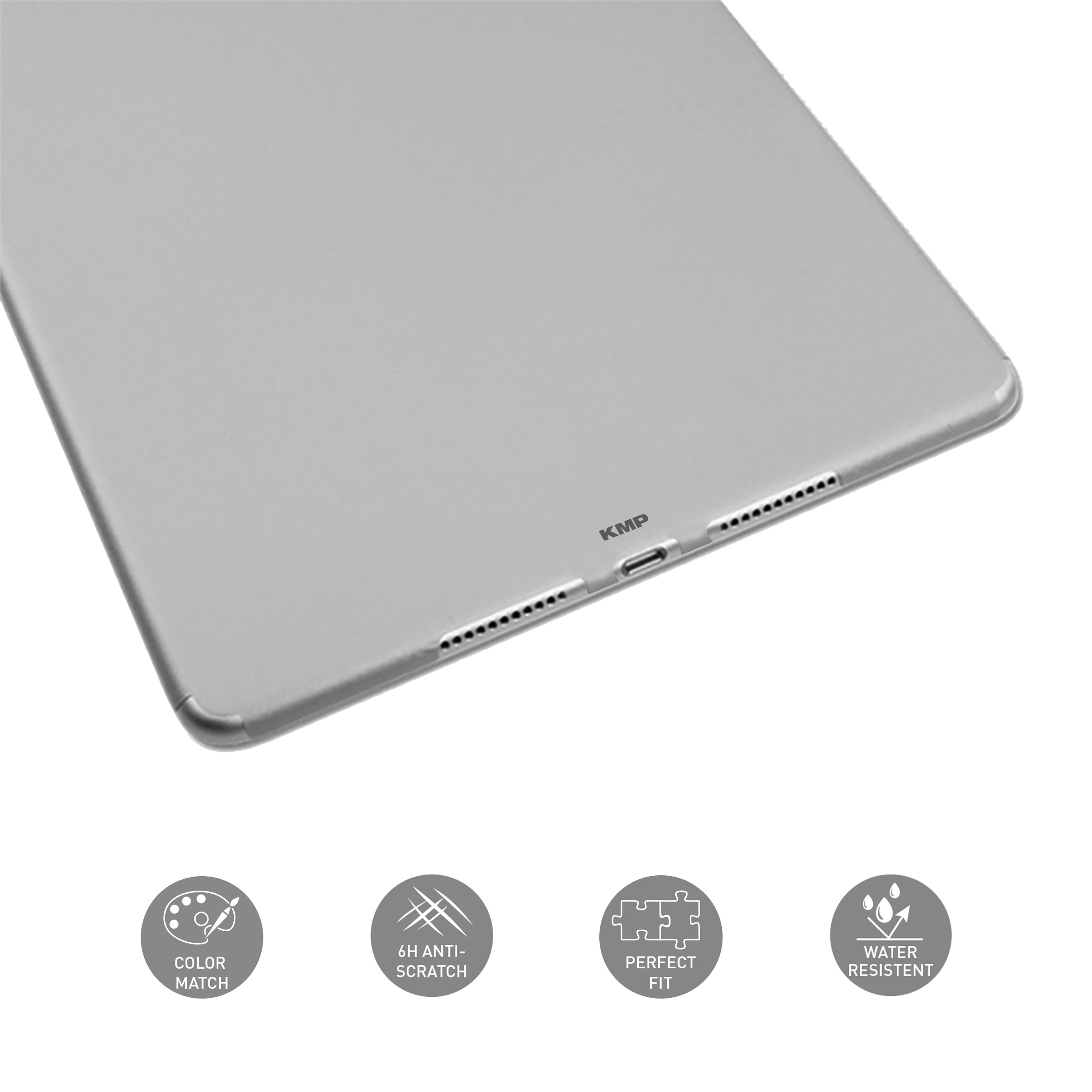Graues Tablet mit dem Wort KMP auf der Rückseite und Symbolen.