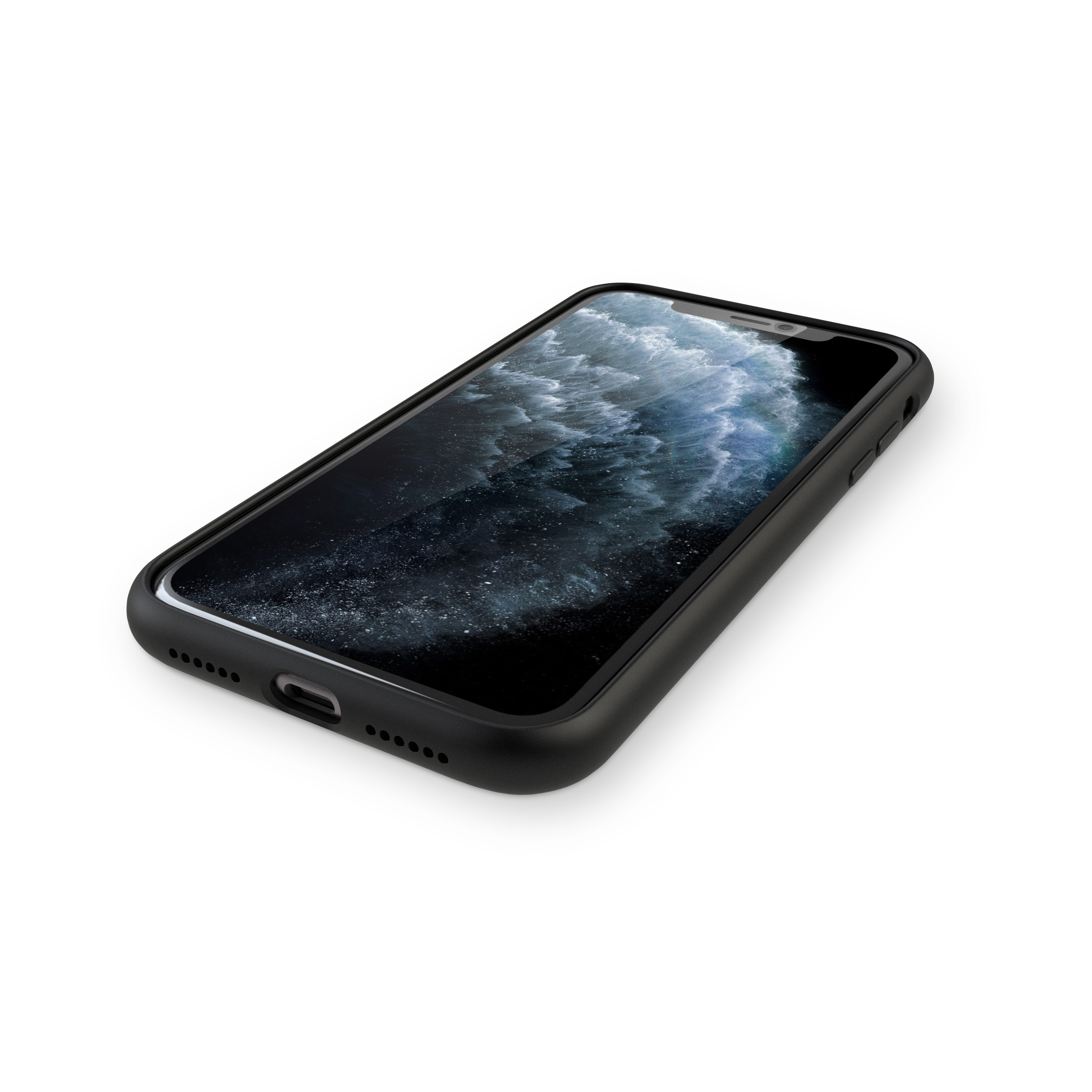 Schwarzes Smartphone auf weißer Oberfläche. Der Bildschirm zeigt einen dunklen, sternenklaren Hintergrund.