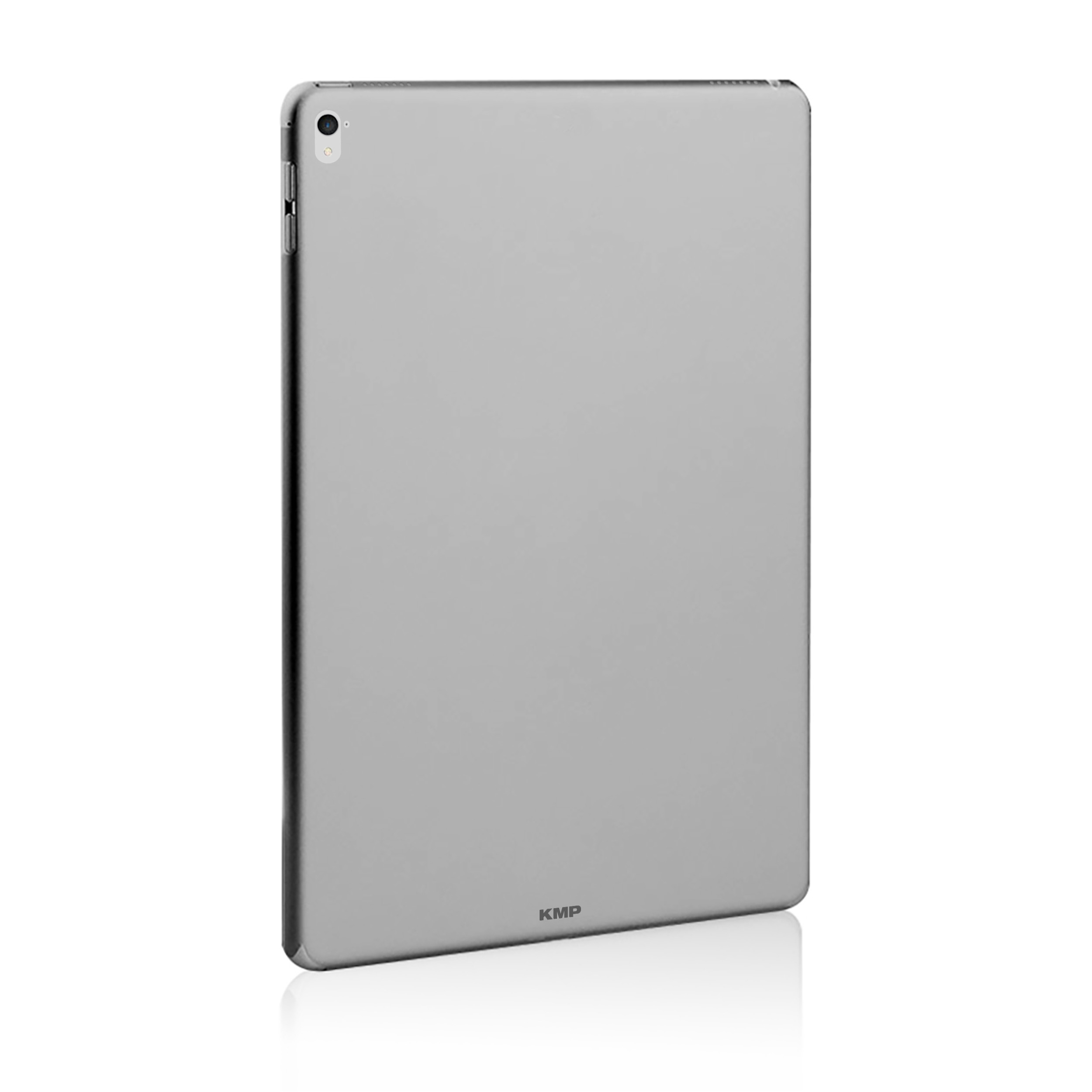 Silbernes Tablet mit KMP-Logo. Es steht auf weißem Hintergrund.