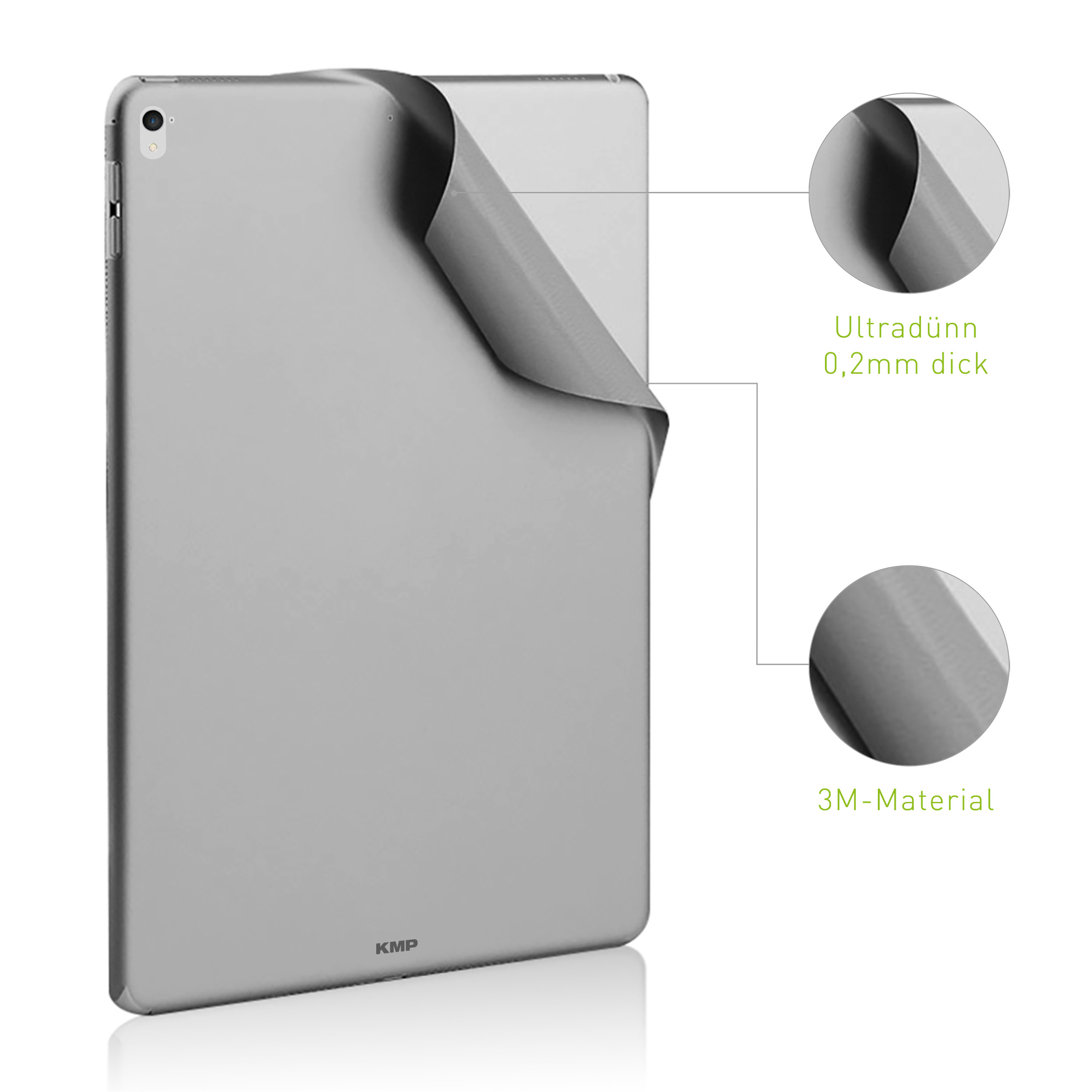 Silbernes Tablet mit abgezogener Schutzfolie, Details zeigen 0,2 mm Dicke und 3M-Material.