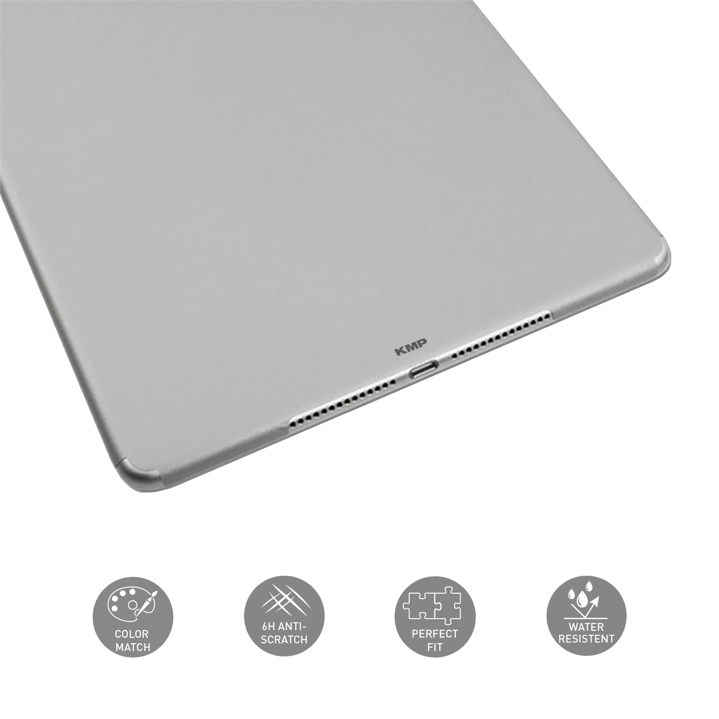 Silbernes Tablet mit Symbolen für Farbanpassung, Kratzfestigkeit, perfekte Passform, Wasserfest.