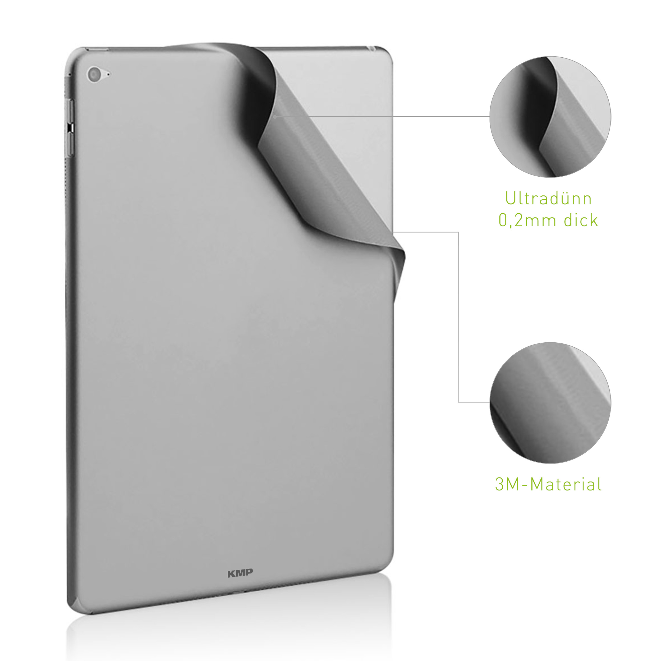 Silbernes Tablet mit abgezogenem Cover. Zwei Kreise zeigen Details des Covers, beschriftet mit 3M-Material.