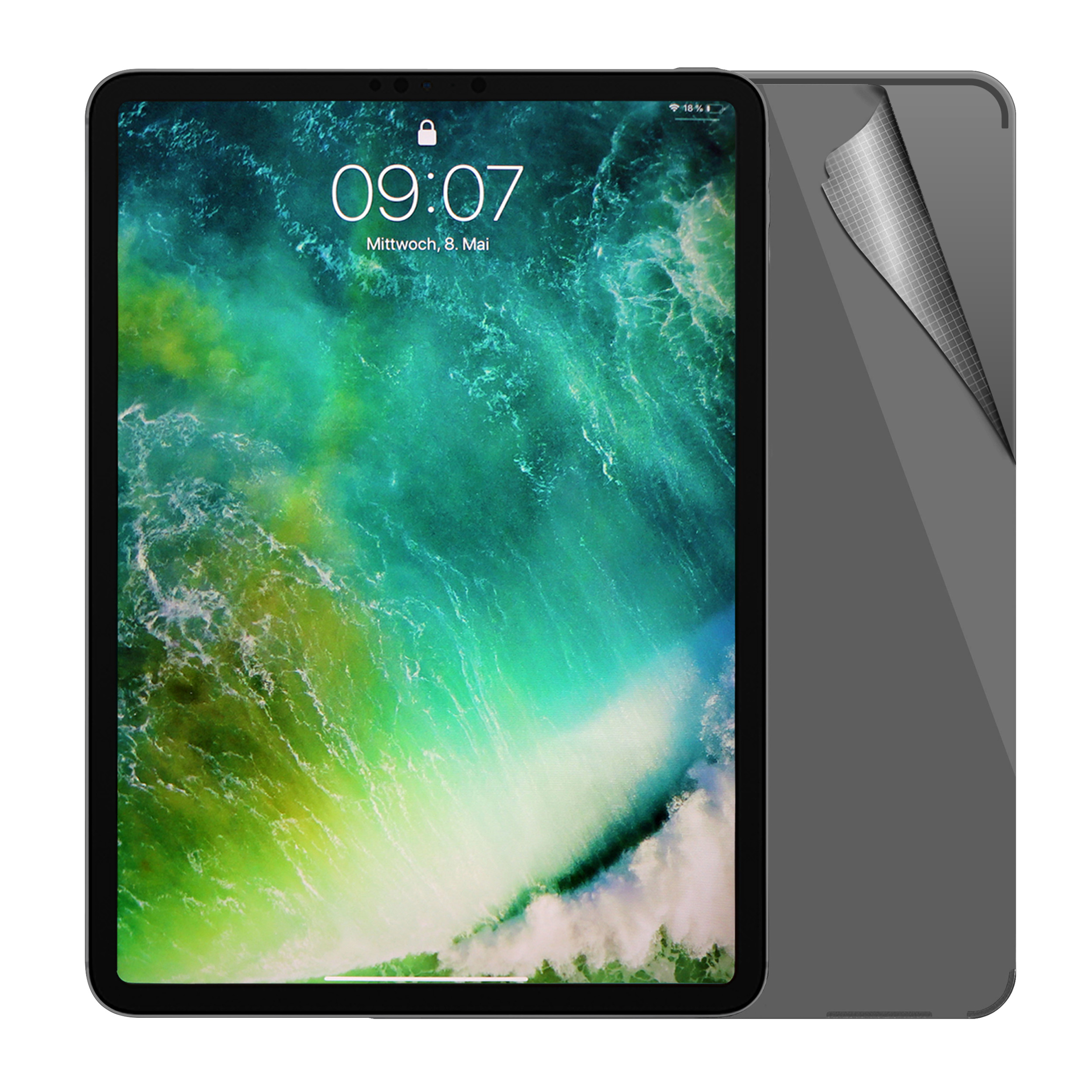 Tablet mit Anzeige von Uhrzeit und Datum. Eine Displayschutzfolie ist angebracht.