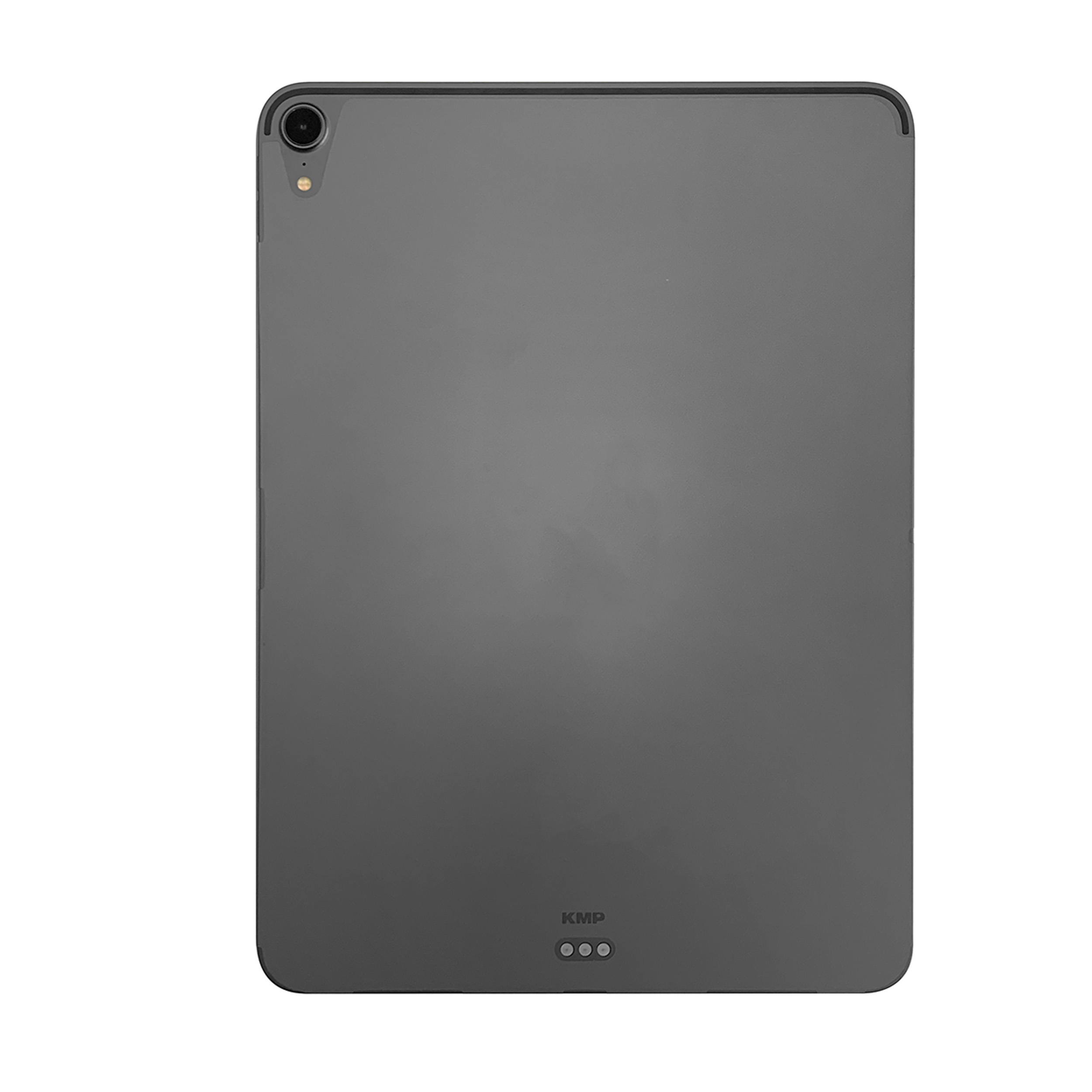 Die Rückseite eines dunkelgrauen Tablets mit Kamera und Logo unten.