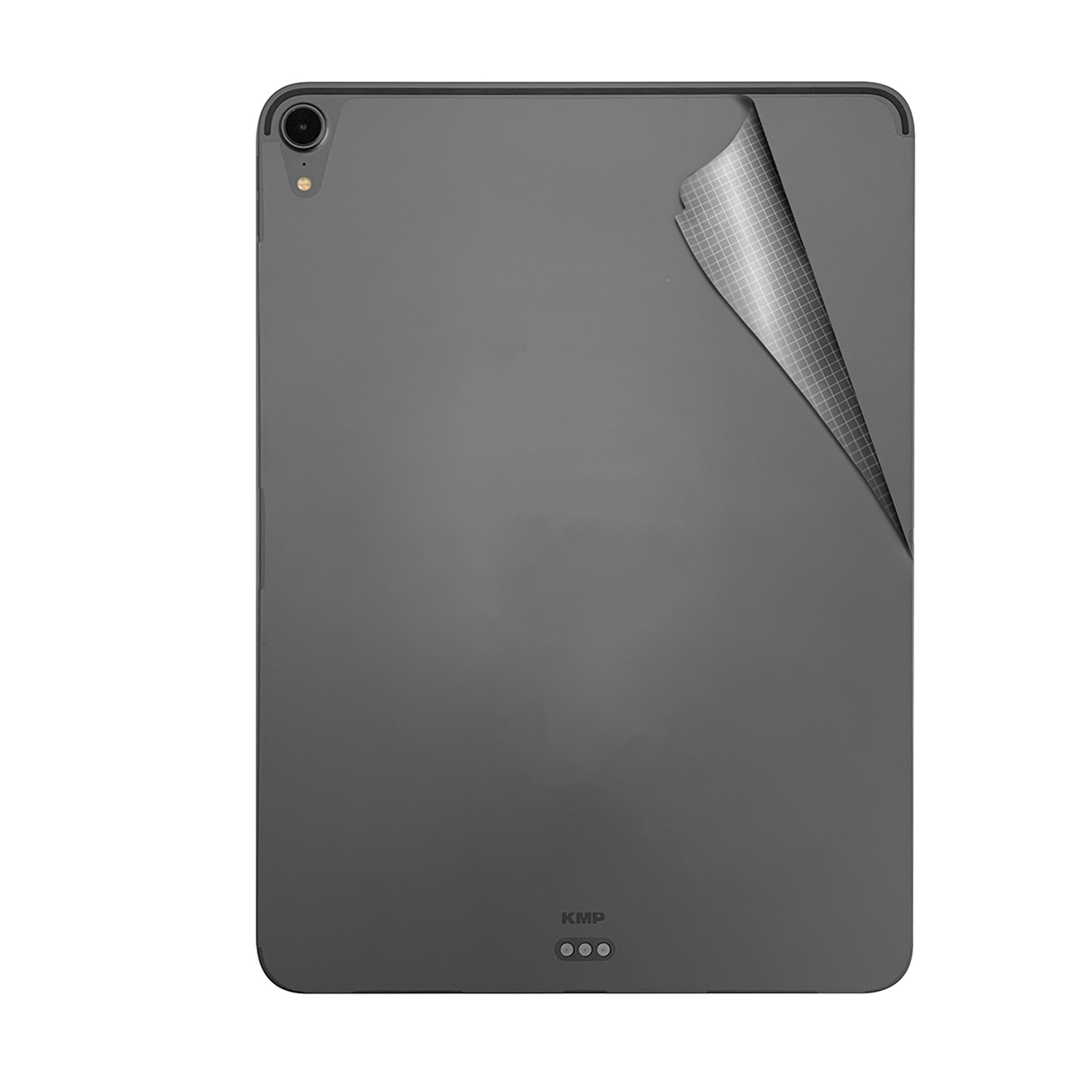 Graue Tablet-Rückseite mit sich ablösendem Overlay, das ein Rastermuster zeigt. Das KMP-Logo befindet sich unten.