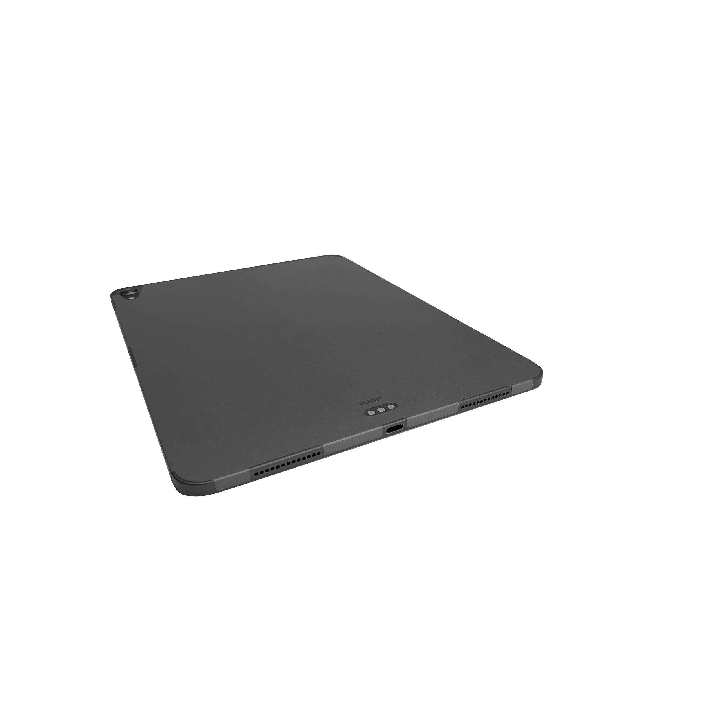 Dunkelgraues Tablet auf weißem Hintergrund, abgewinkelt, um Rückseite und Seite zu zeigen.