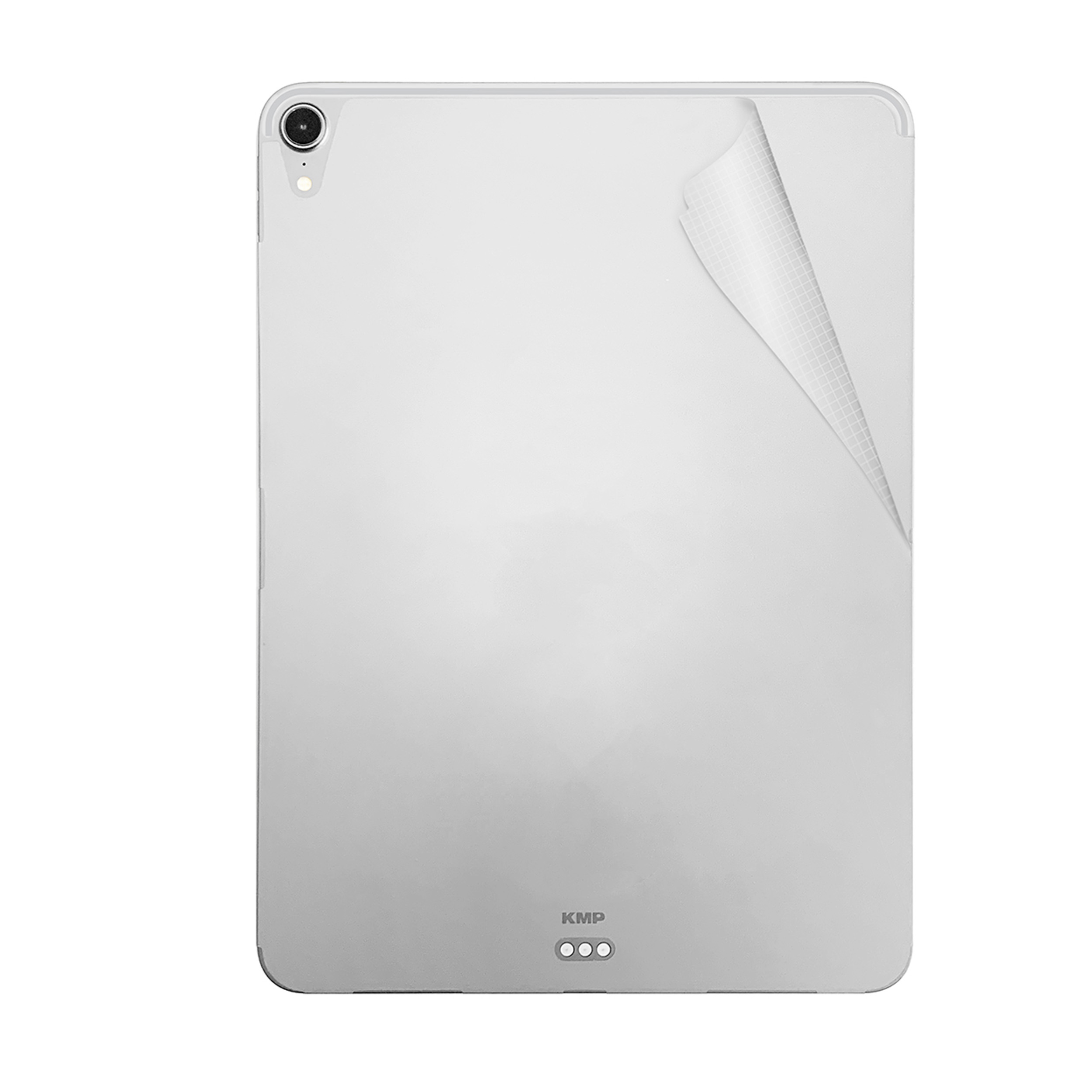 Weißes Tablet, Rückansicht. Kamera und Logo oben, mit teilweise abgezogener Schutzfolie.