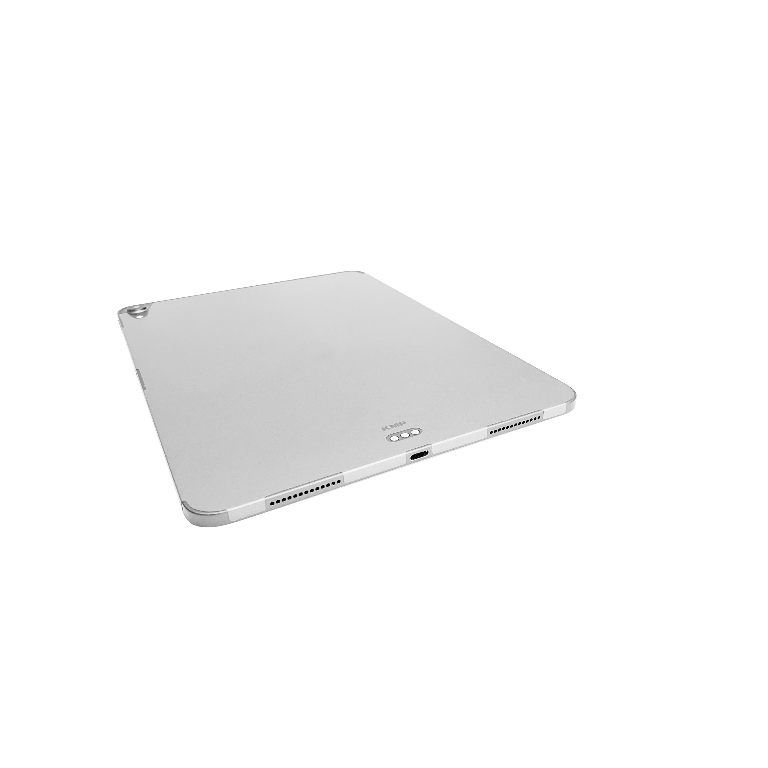 Silbernes Tablet. Die Rückseite des Tablets ist sichtbar, mit Kamera und Lautsprechern.
