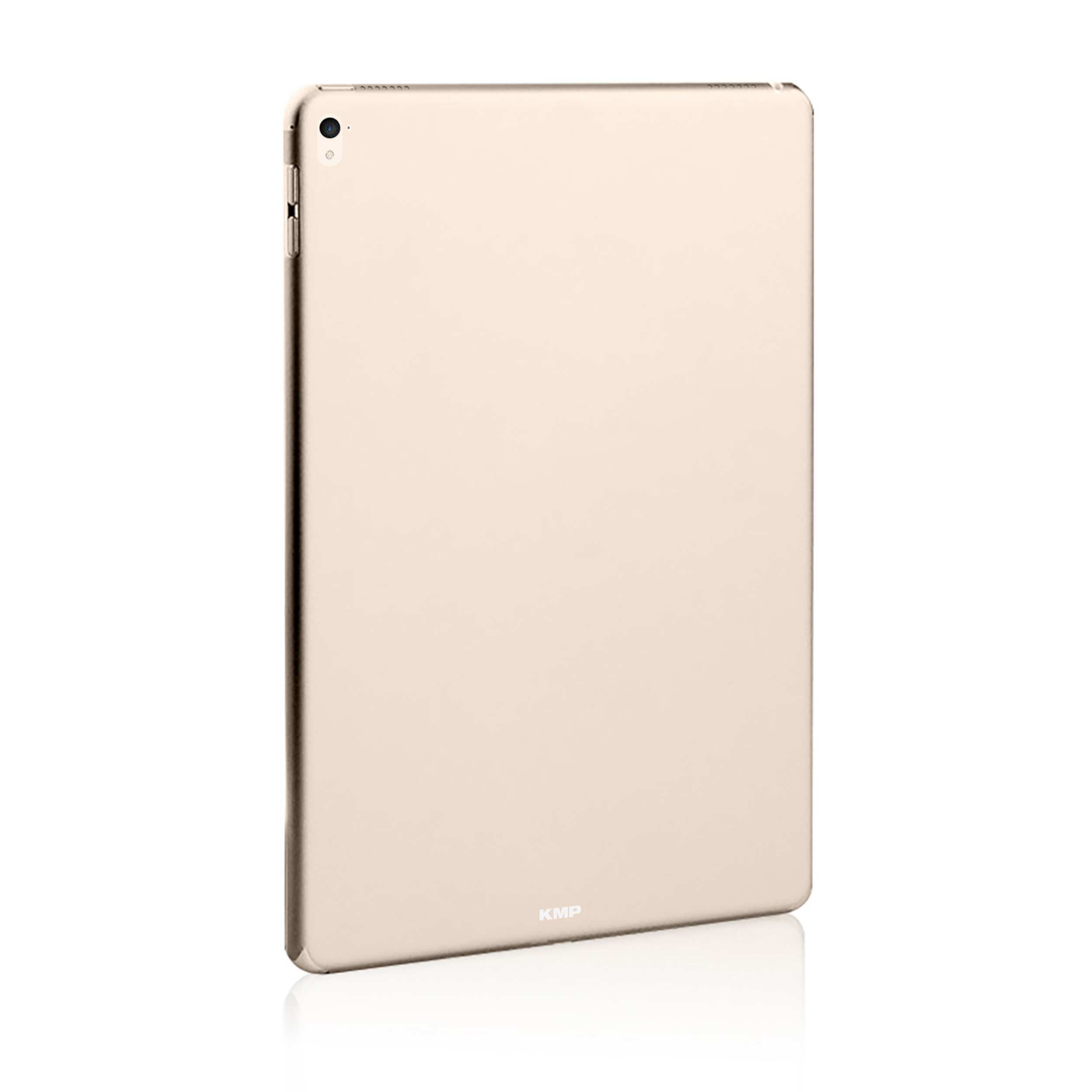 Ein goldenes Tablet auf weißem Hintergrund, von hinten betrachtet, mit sichtbarem KMP-Logo.