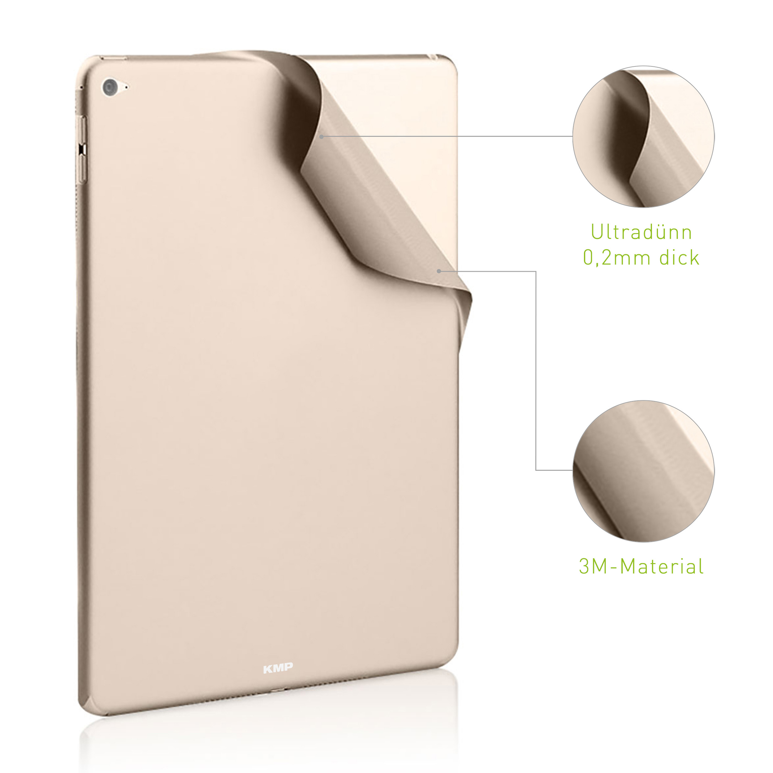 Ein goldenes Tablet, von dem ein Aufkleber abgezogen wird.
