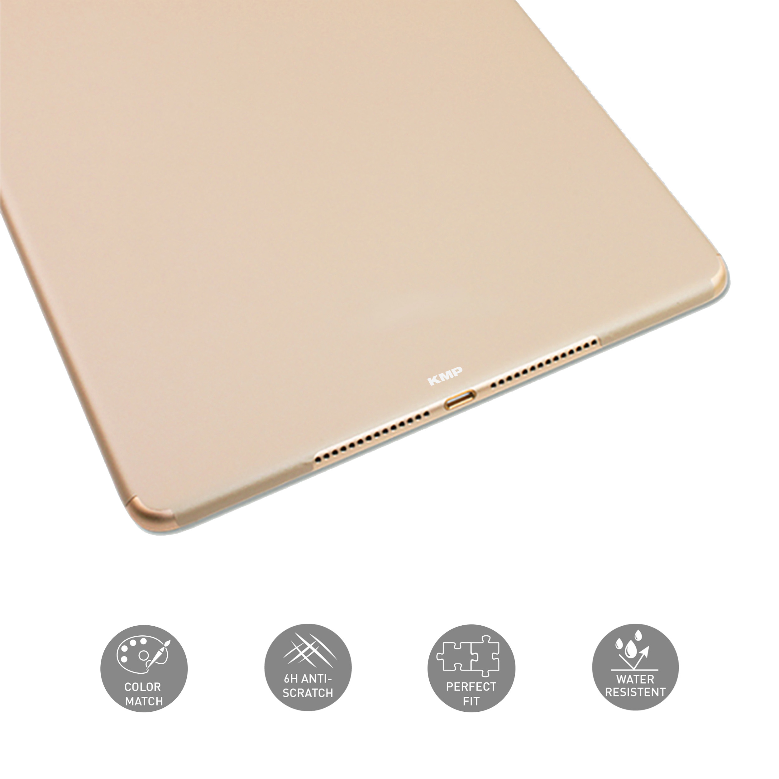 Goldene Tablethülle mit Farbabgleich, Kratzschutz, perfekter Passform und wasserfesten Etiketten auf weißer Oberfläche.