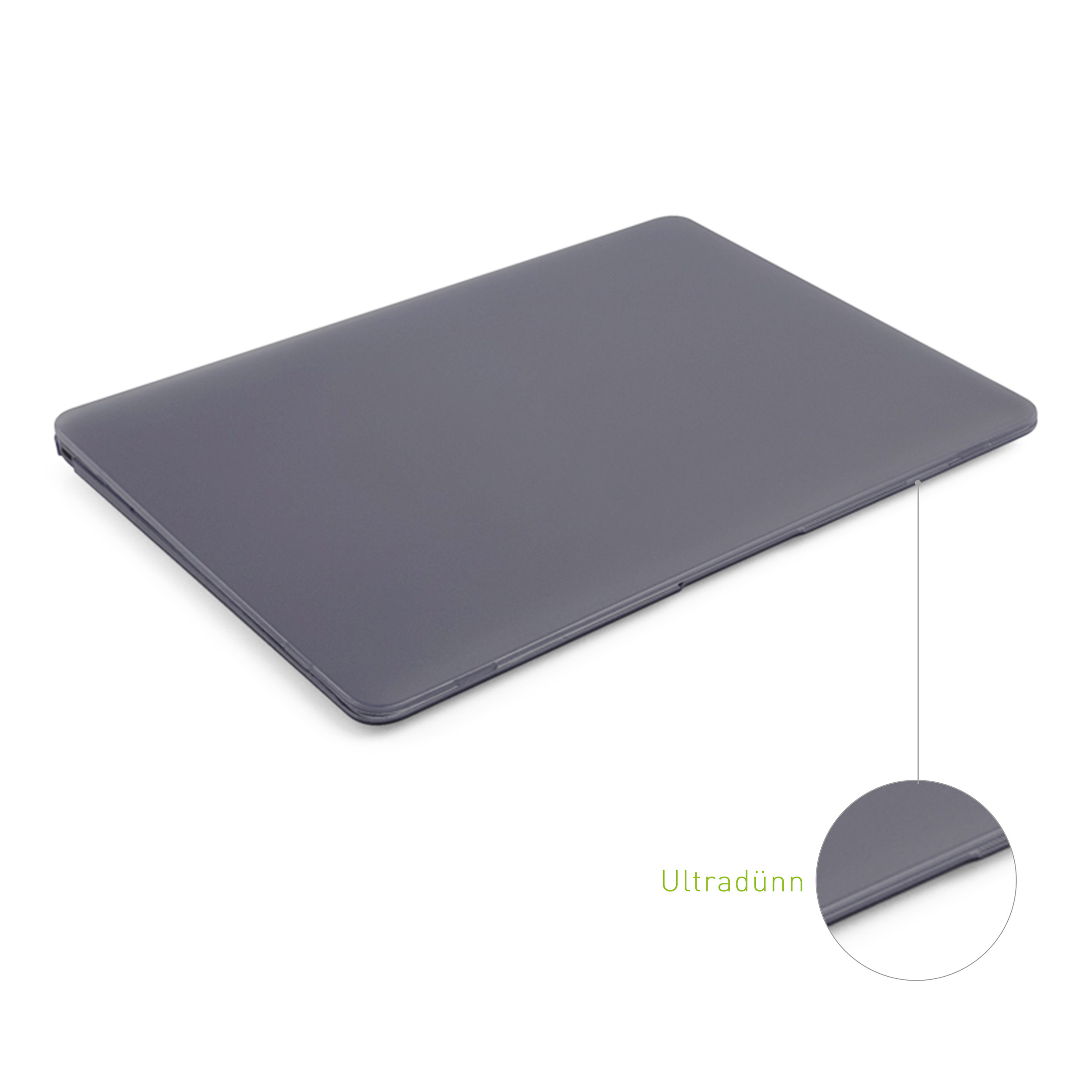 Ein geschlossener, dunkelgrauer Laptop. Der Rand ist hervorgehoben und zeigt ein dünnes Profil.