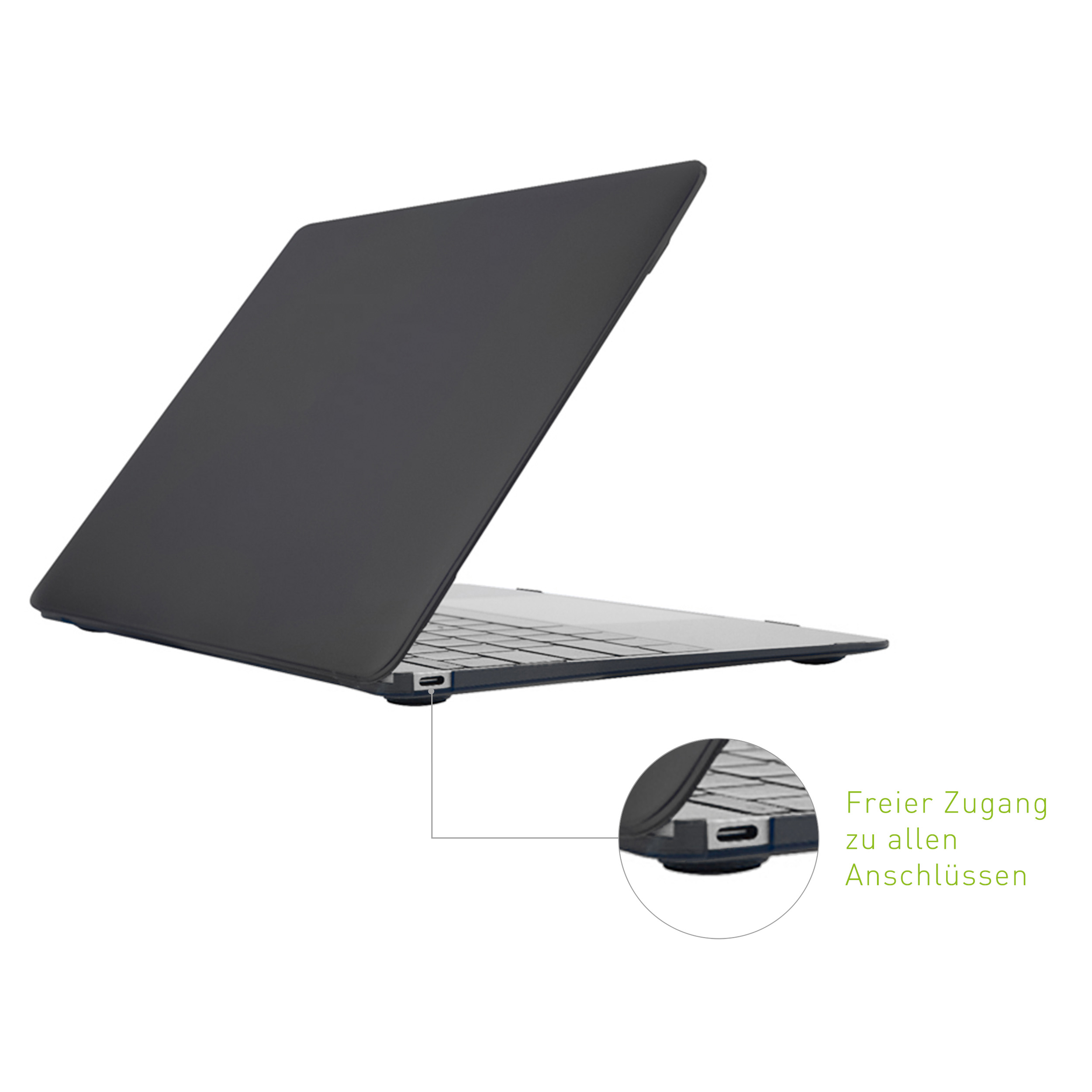 Schwarzer Laptop, leicht geöffnet, Tastatur und Anschlüsse zeigend. Weißer Hintergrund.