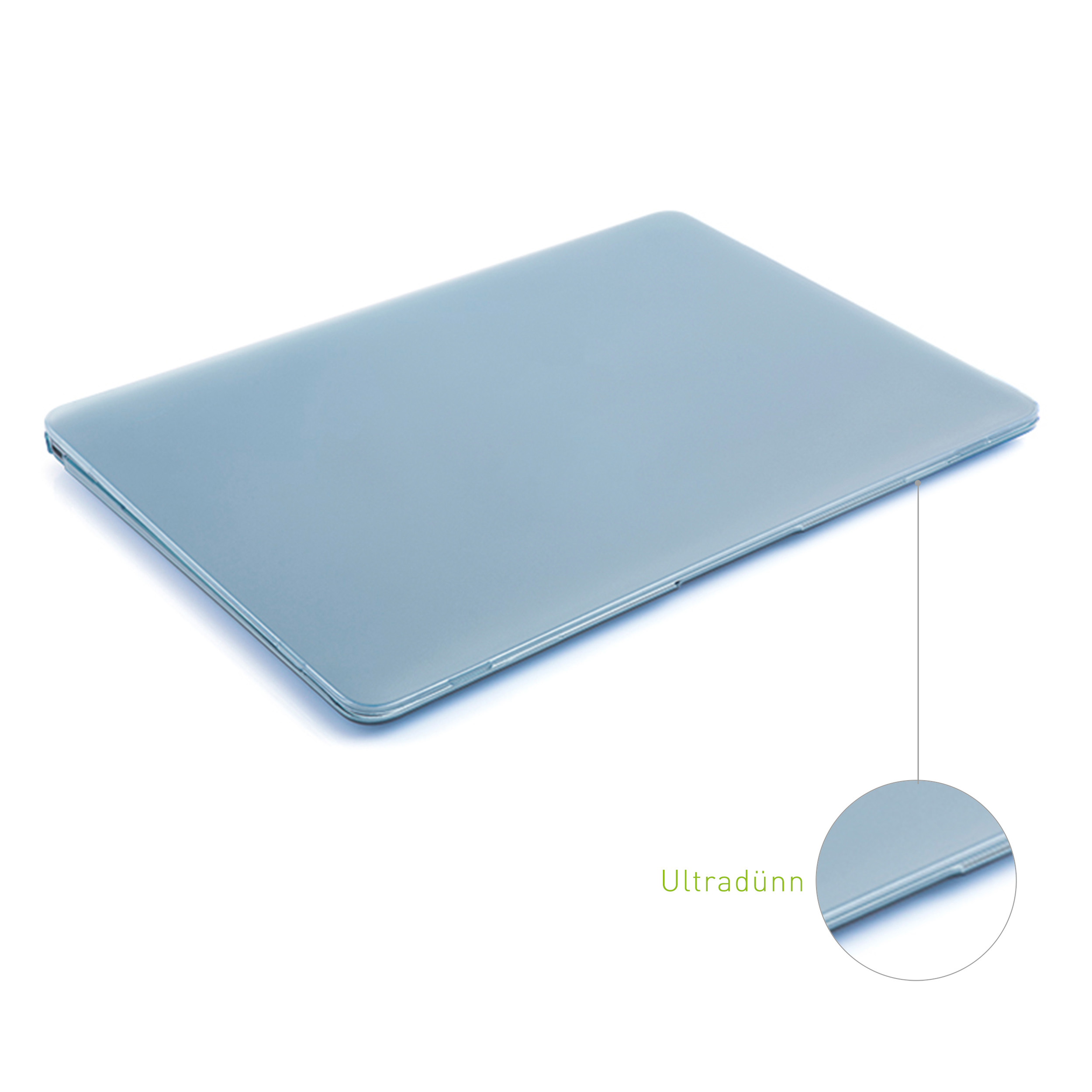 Ein hellblauer Laptop, mit Detailaufnahme des Wortes 'Ultradünn'.