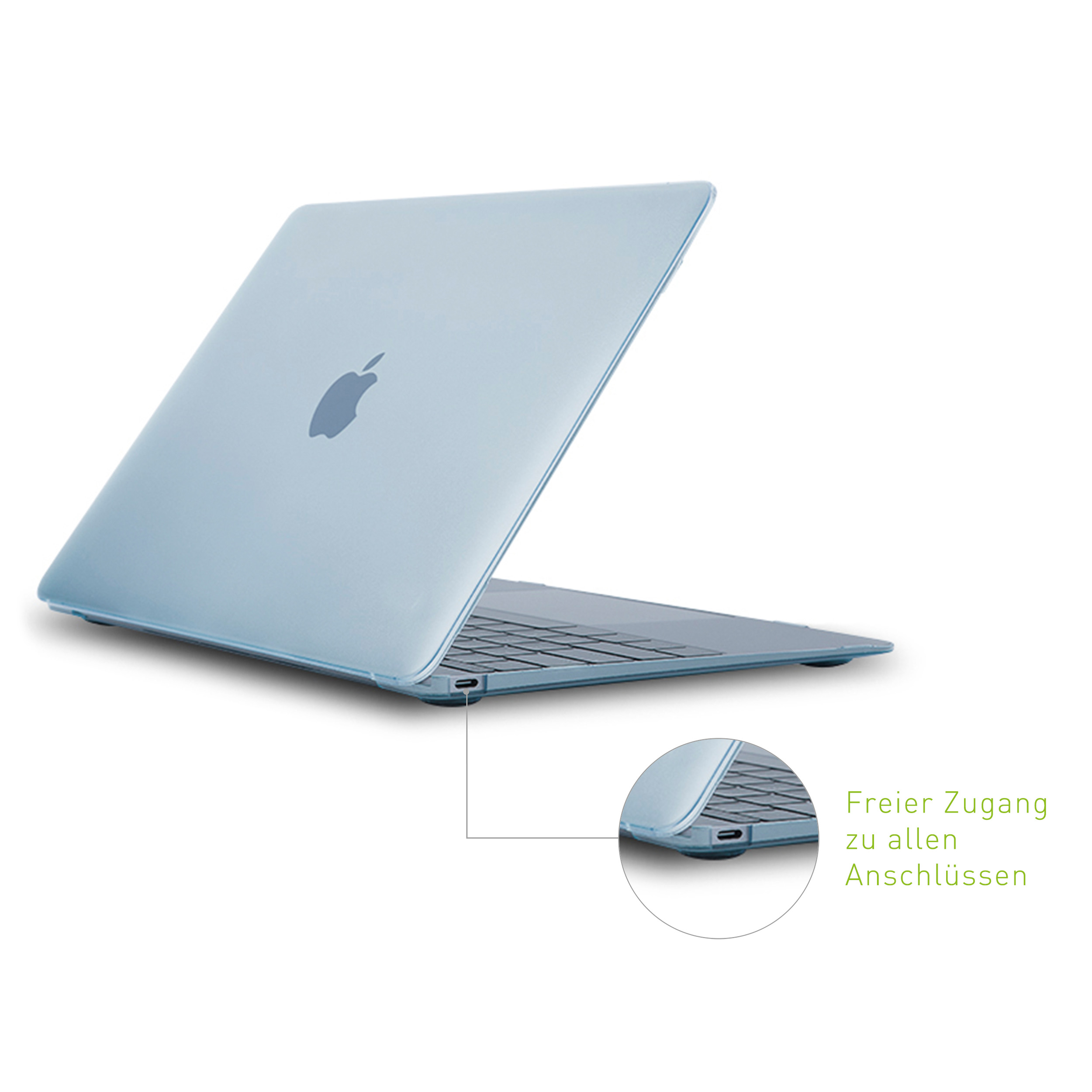 Hellblauer Laptop, leicht geöffnet. Der Bildschirm ist dunkel. Text: 'Freier Zugang zu allen Anschlüssen'.