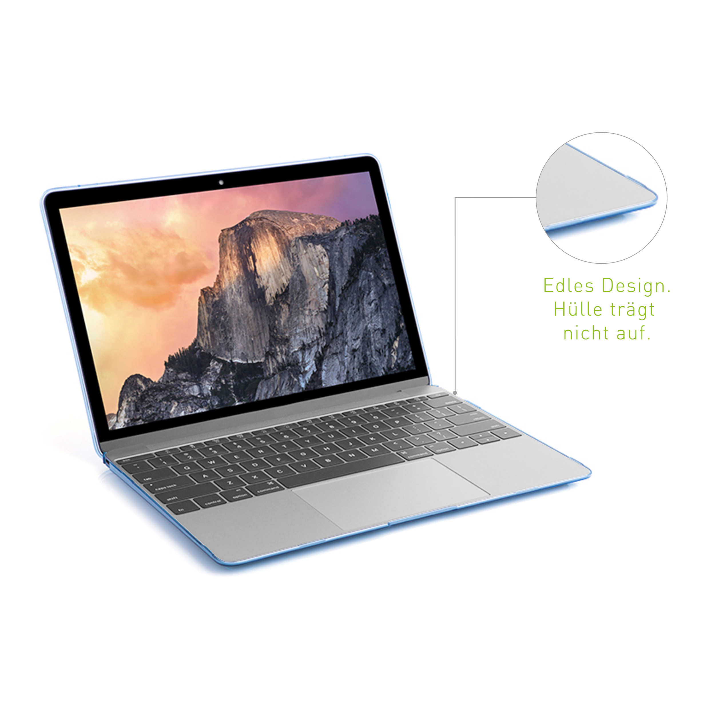 Laptop auf weißer Oberfläche. Ein blauer Rahmen um den Bildschirm. Text auf Deutsch.